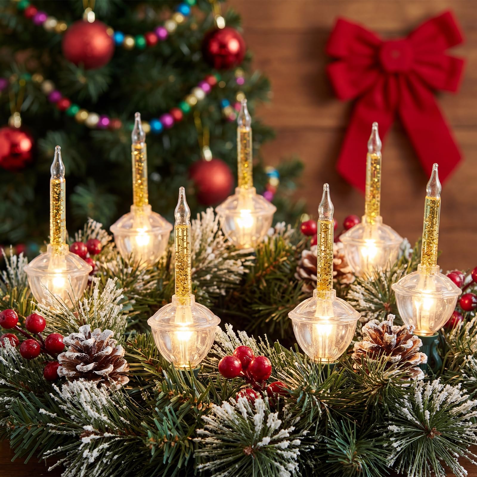 Christmas Bubble Lights Set, 11Ft Vintage String Lights, 8 Clear Bulbs with Gold Glitter, Traditional Bubble Lights for Christmas Tree, Party Indoor/Outdoor Decor, Green Wire