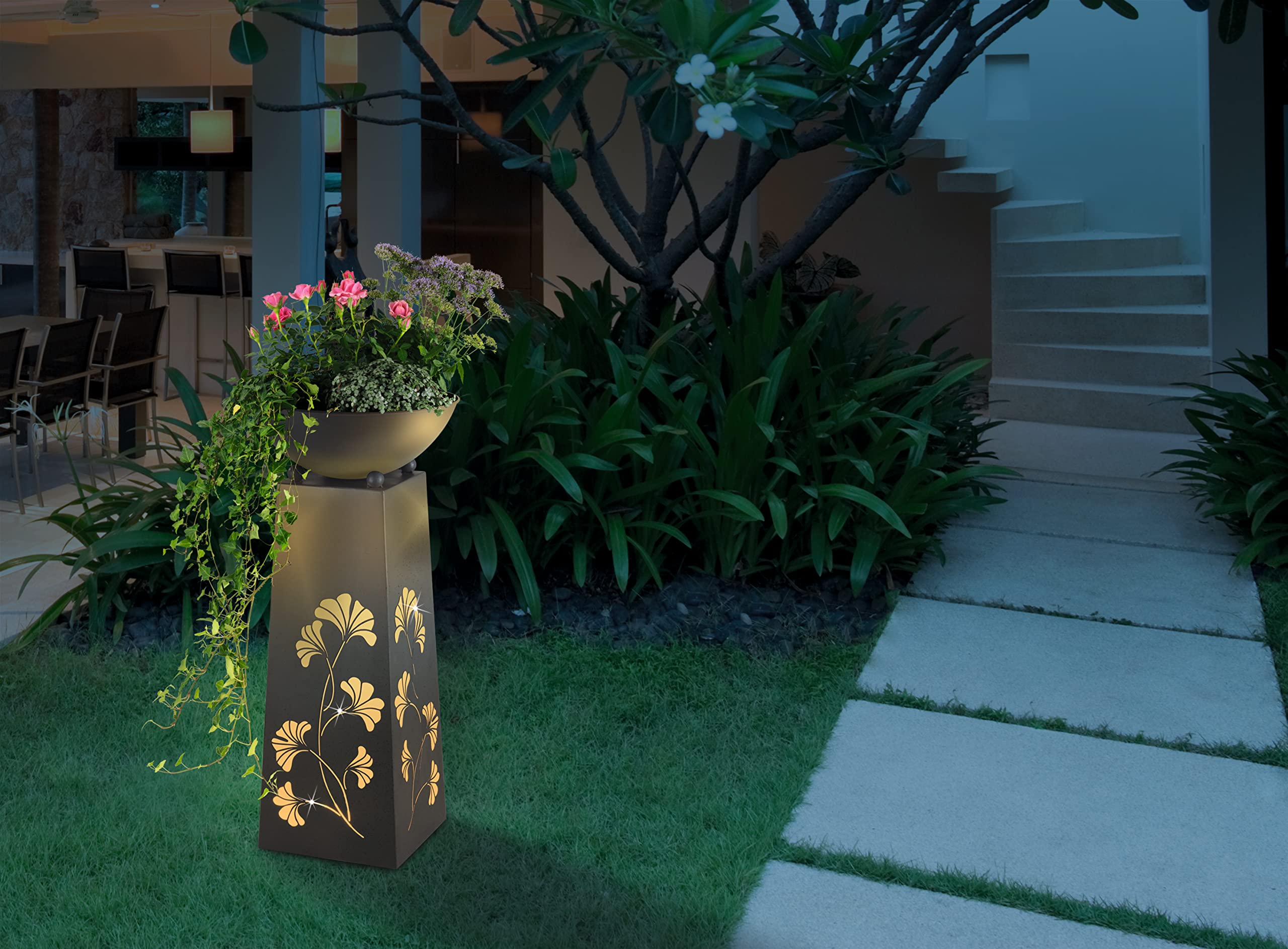 Hoberg LED Fioriera su piedistallo Foglie di Ginkgo Design in Color Cemento | Vaso Rimovibile (Ø 34cm) Adatto per Uso Interno ed Esterno | Illuminazione Integrata, USB o Solare [23 x 23 x 70 cm]