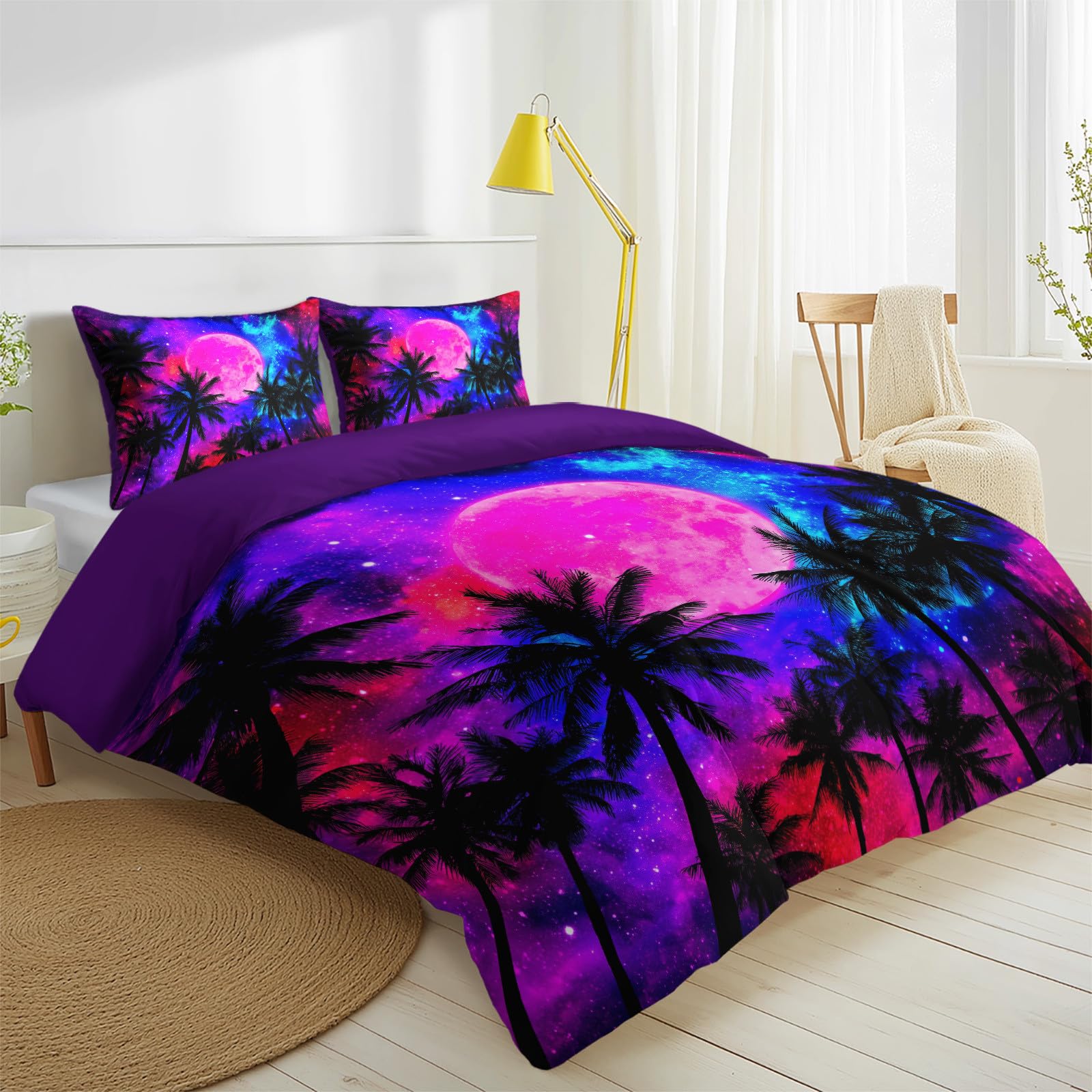 Zestaw pościeli w rozmiarze Super King Size, poszewka na kołdrę 260 x 220 cm, do pokoju dziecięcego, sypialni, ultrasoft, hipoalergiczna, surrealistyczna fantazja, tropikalny styl, palma, niebo