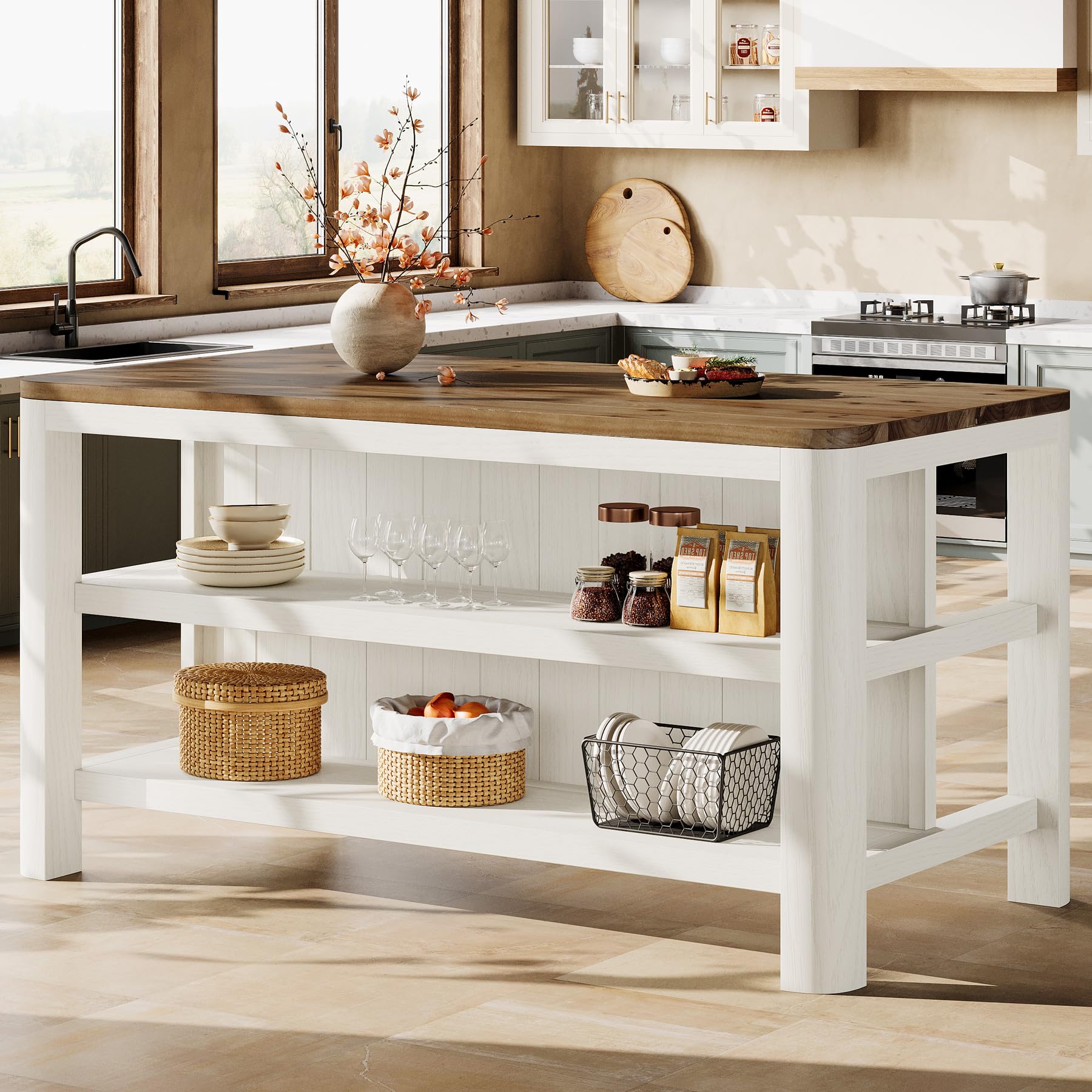 63" Solid Wood Kitchen Island with Storage Shelves, White &amp; Brown