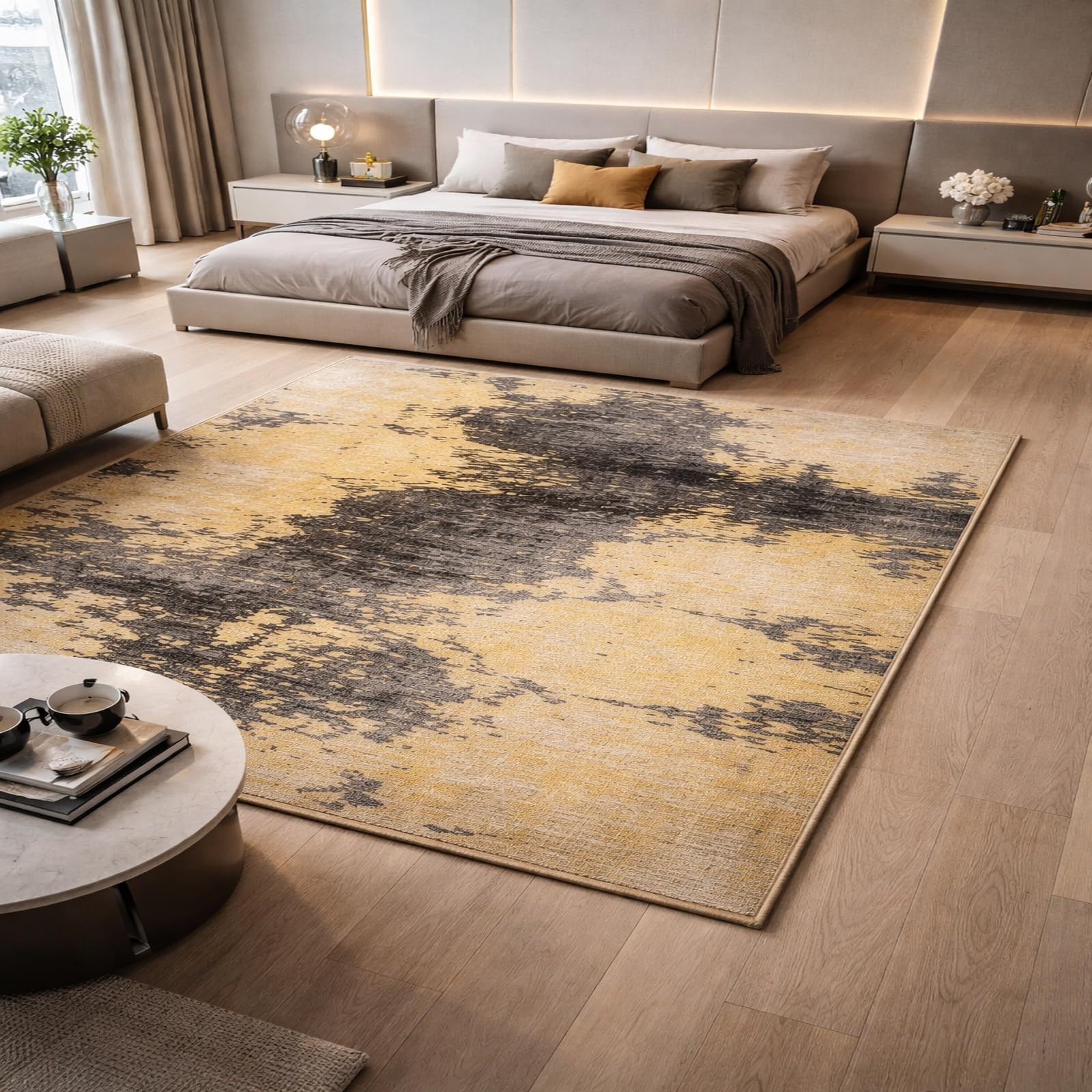 Tapis salon table basse jaune et gris 120 x 185 cm déco coiffeuse chambre