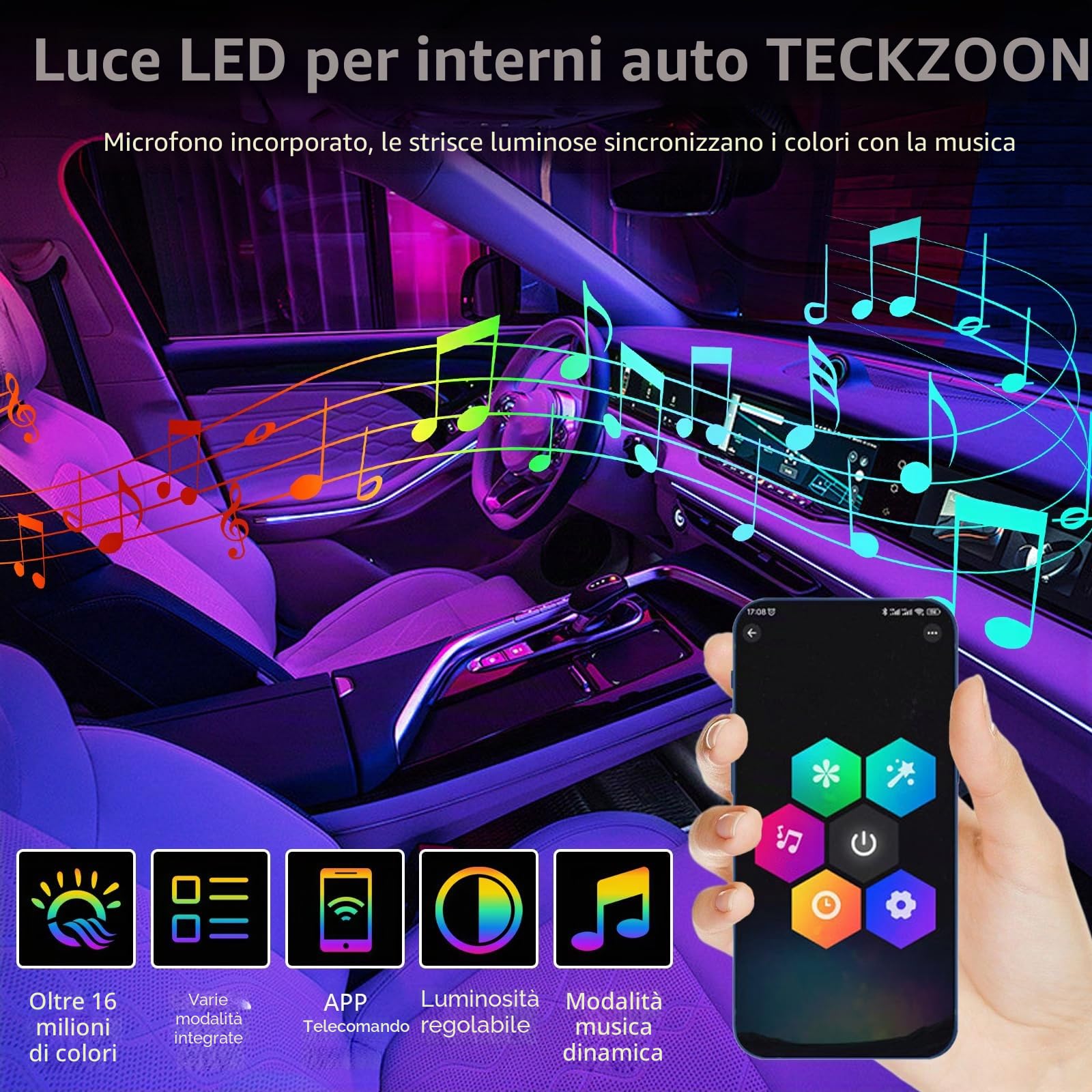 Illuminazione interna auto LED RGB 6-in-1, 6 strisce luminose 445 cm con 584 LED, 16 milioni di colori, 240 effetti, controllo musicale, Alimentato tramite USB, APP e telecomando per decorazione auto
