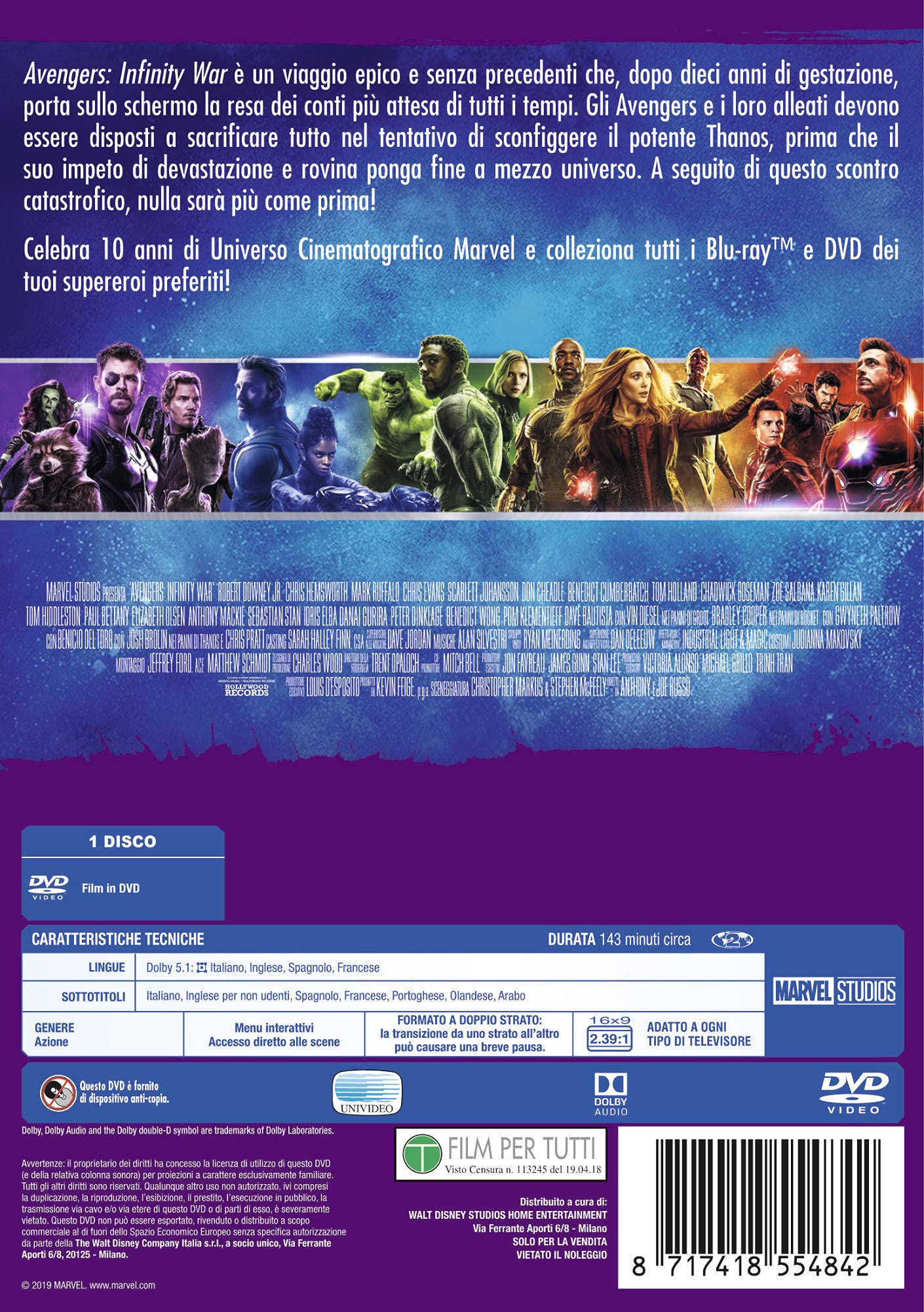 Avengers Infinity War 10° Anniversario Marvel Studios dvd ( DVD)