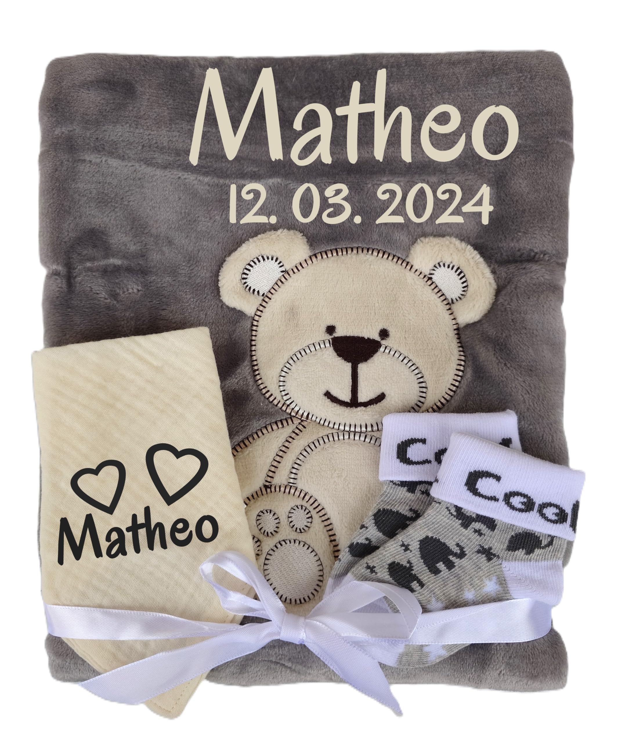 Wuff-Dogsworld Babydecke mit Namen Bestickt + Zugabe, Kuscheldecke personalisiert als Geschenk fürs Baby, zur Taufe & Geburt für Neugeborene Junge und Mädchen