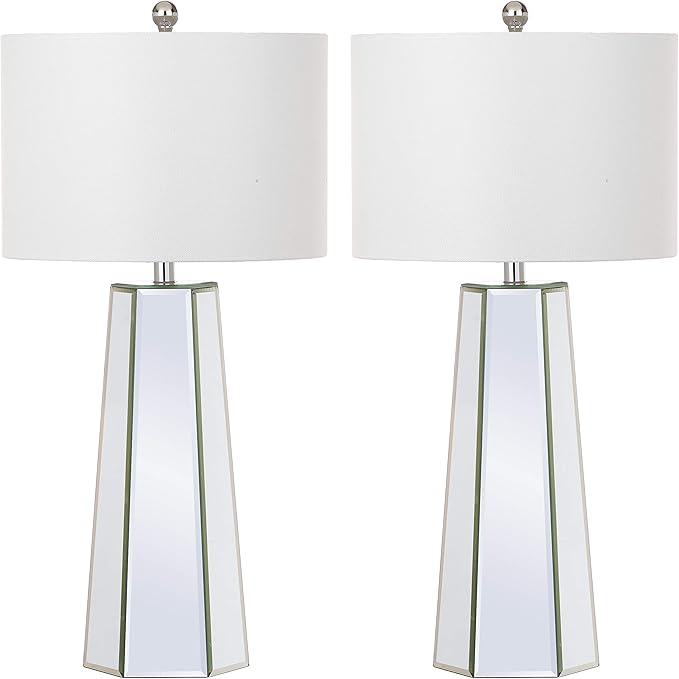 SAFAVIEH Lighting Collection Janice Modern Art Deco Mirror Chrome 32-inch Bedroom Living Room Home Office Desk Nightstand Table Lamp Set of 2 (LED Bulbs Included)