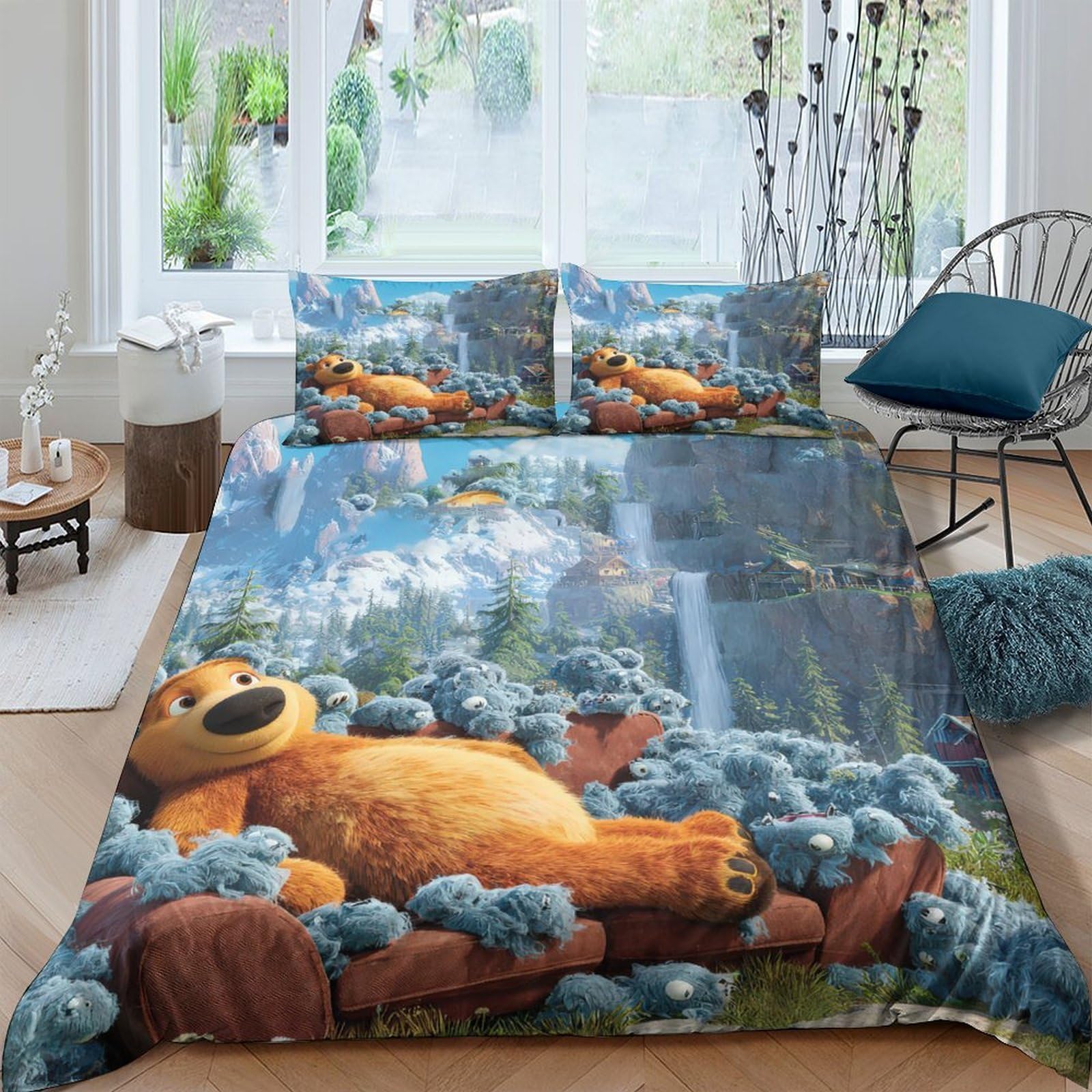 GPLZQXKJNH 3D Printed Bear in Forest Duvet Cover Microfiber Soft Breathable Woodland Bedding Set with 2 Pillowcases for Bedroom Decor 115 Single（135x200cm）