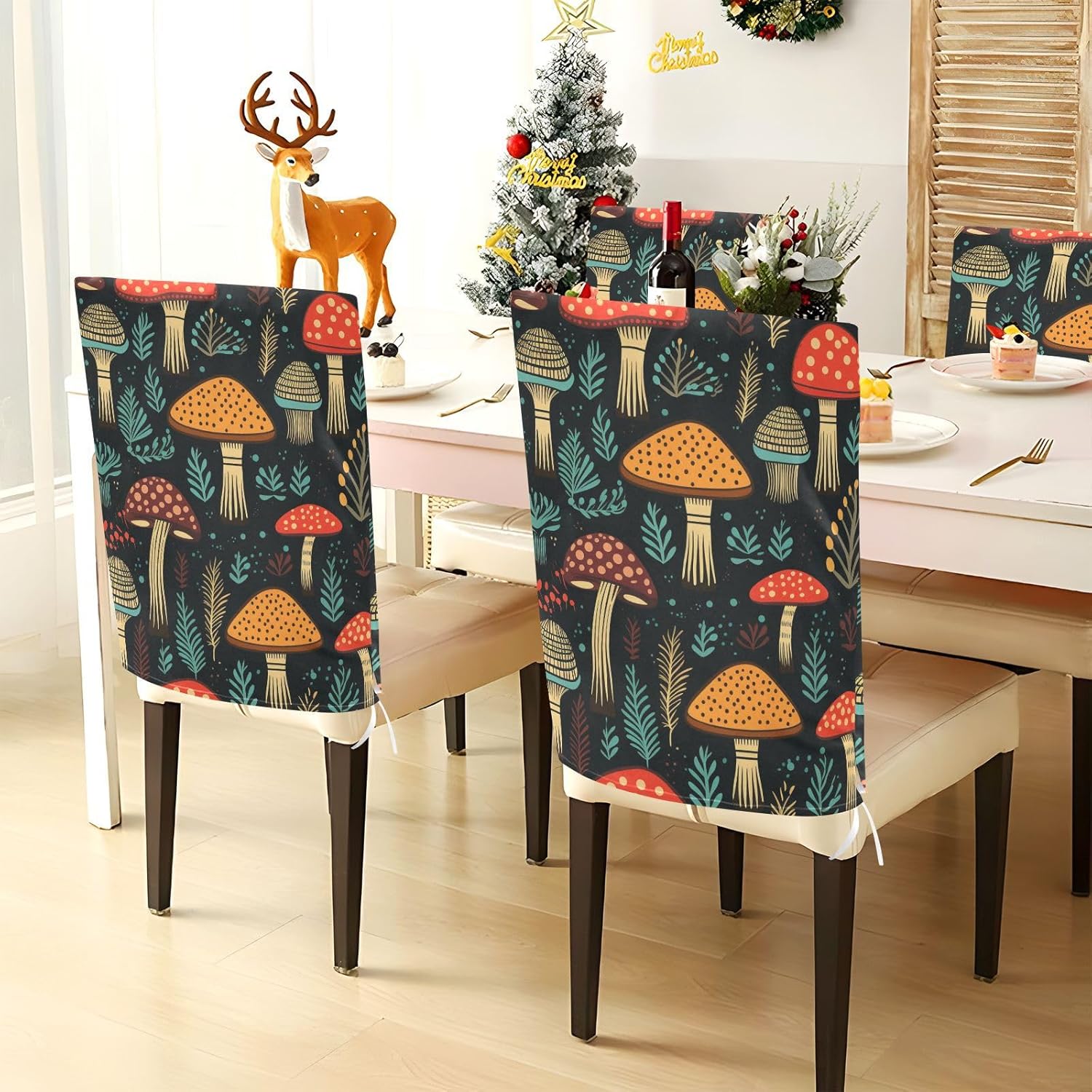 ALAZA Mushrooms in Colorful Colors Chair Back Cover Set of 6, Washable Reusable Removable Chair Slipcovers Decorative Chair Cover for Home Kitchen Wedding Party