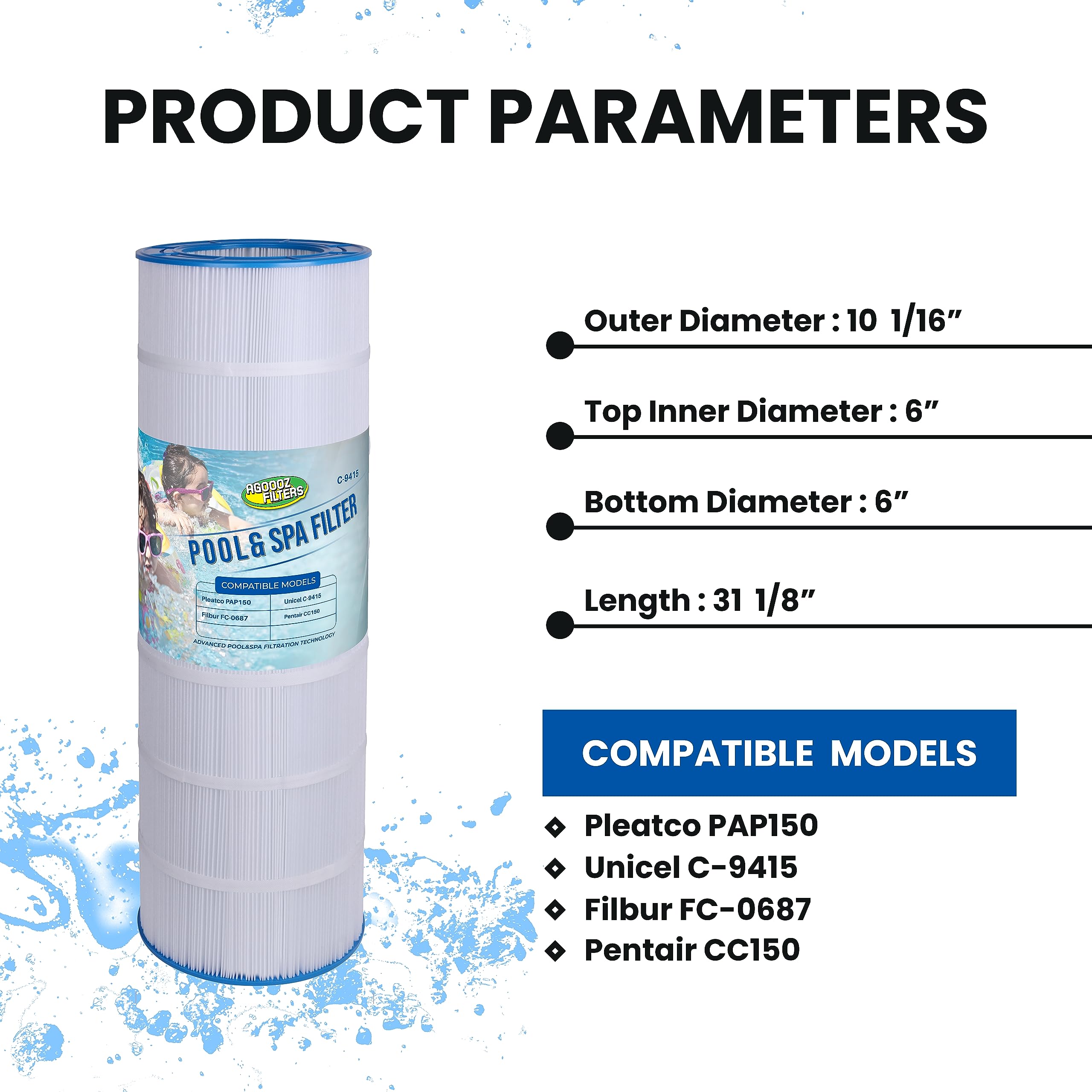 AGOOOZ PLF150A Pool Filter Replacement for Pentair cc150 Filter Cartridge, CCRP150, PAP150, Unicel C-9415, R173216, Filbur FC-0687, 160317, 160355, 160352, Predator 150, 150 sq. ft. (1 Pack)