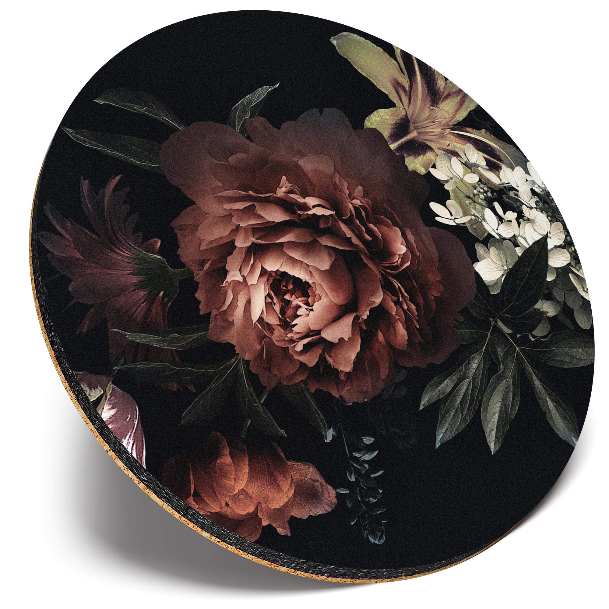 Destination Vinyl Ltd Multicolor Round Single Coaster - Floral Vintage Flowers Black Style |Glossy Quality Coasters | Tabletop Protection For Any Table Type #45035