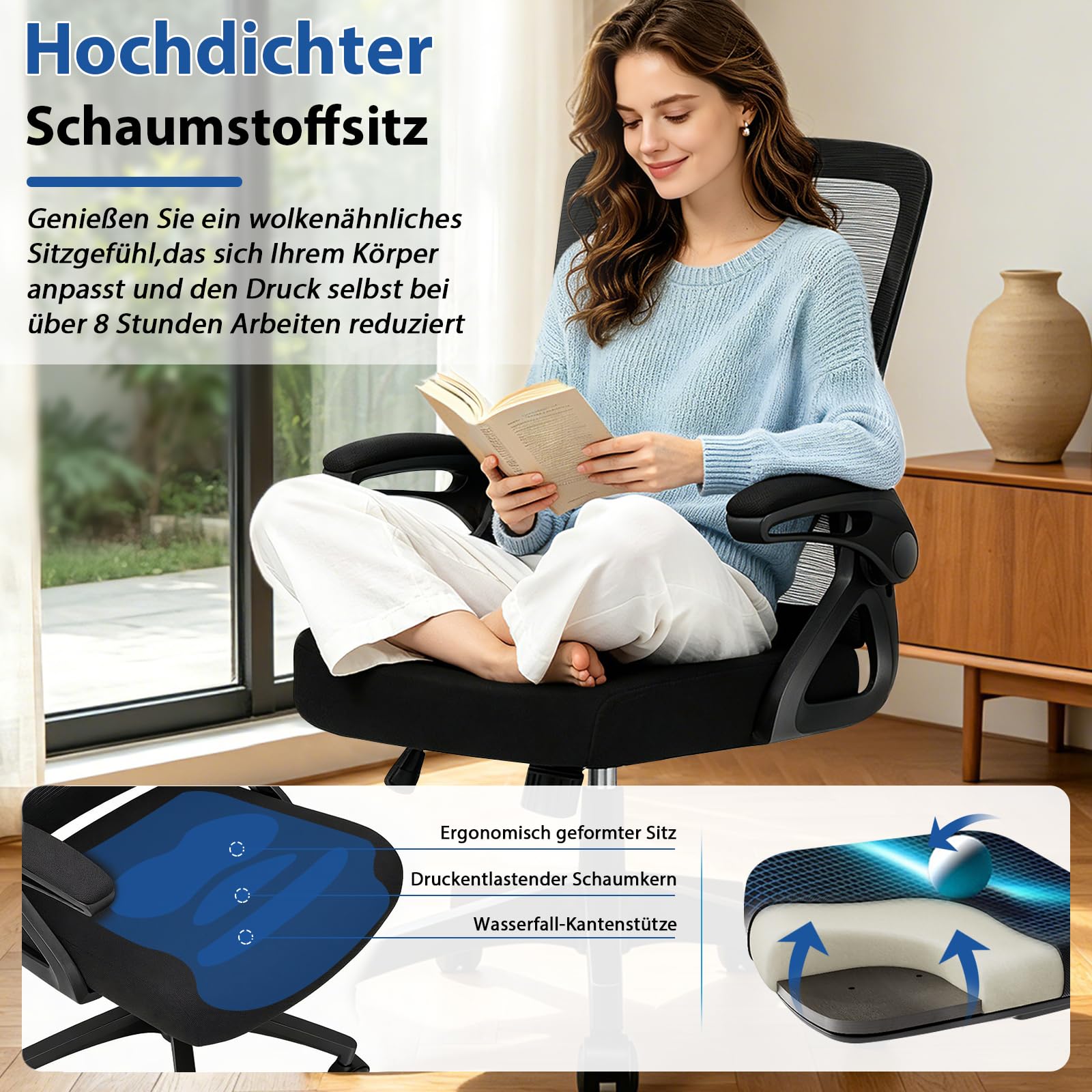 Milacyee Bürostuhl Ergonomisch, Schreibtischstuhl mit Verstellbarer 4D Lendenwirbelstütze, Drehstuhl mit klappbaren Armlehnen, Computerstuhl mit 90°-125° Wippfunktion, Netzstuhl bis 130 kg (Schwarz)