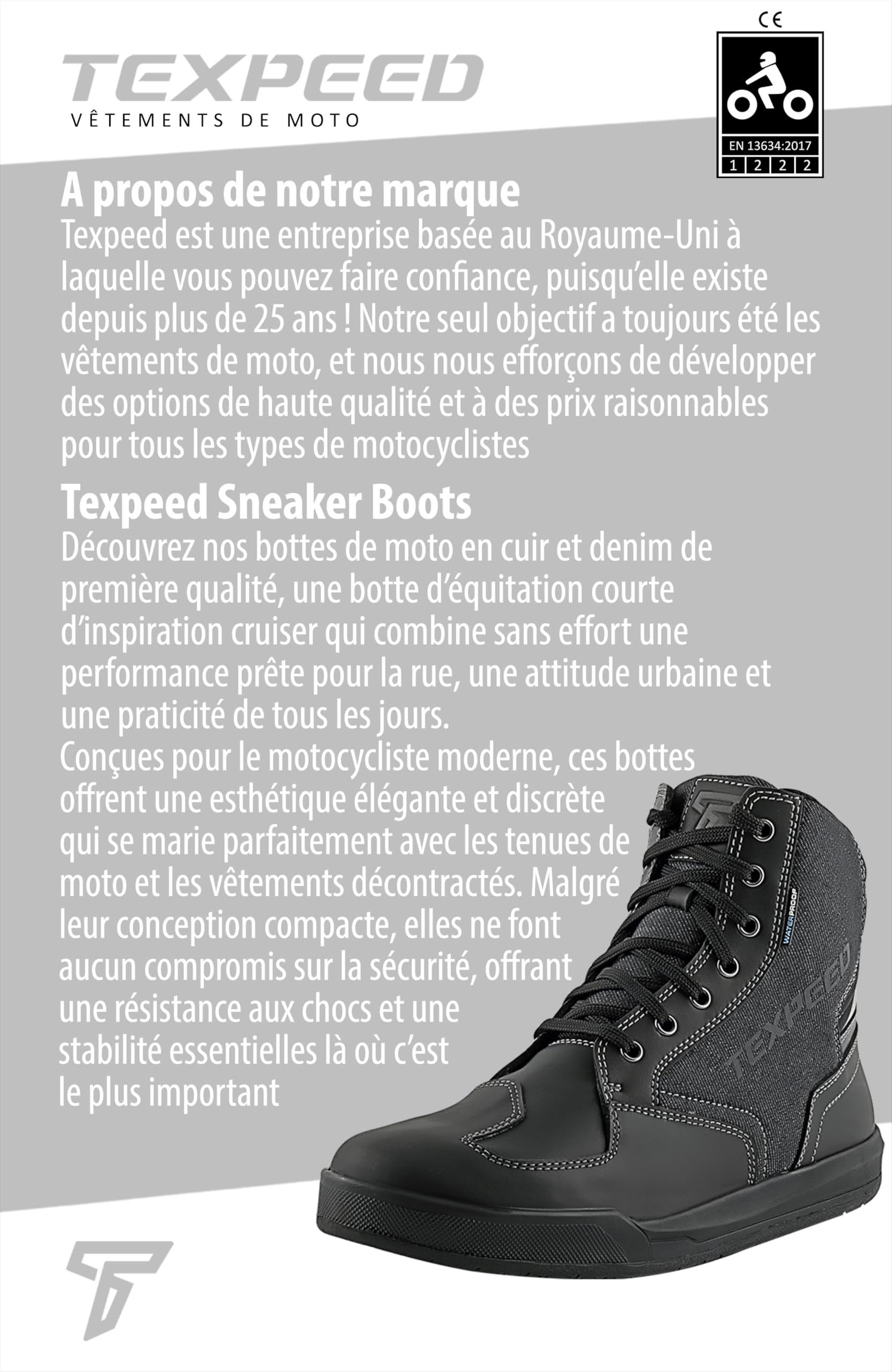 Texpeed Bottes De Moto Homme Cuir - Chaussures De moto Street Sneaker 100% Imperméables - Coupe courte Homologuées CE - Noir Denim - EU 43