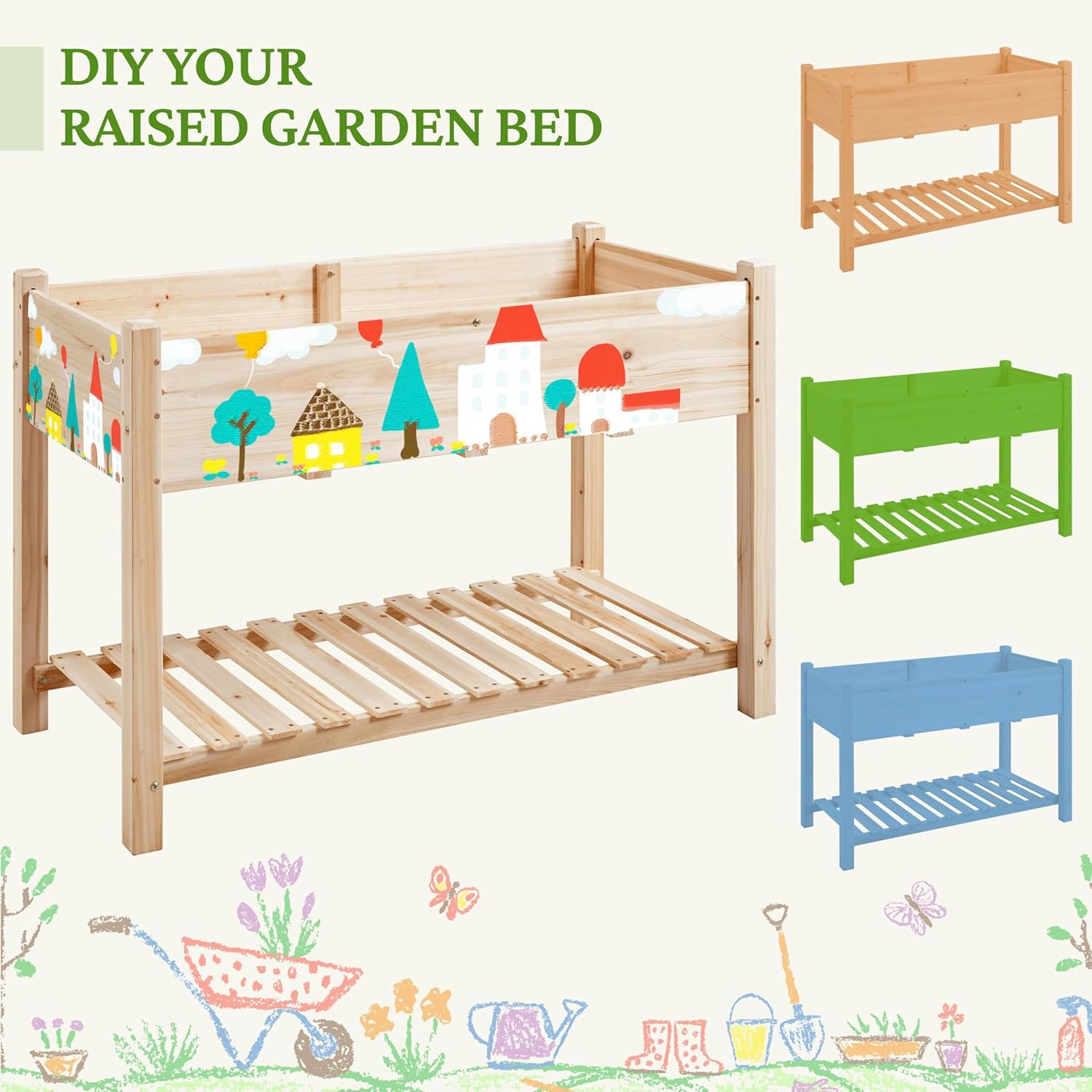 Topeakmart Raised Garden Bed Elevated 2 Tiers Wood Planting Bed Above Ground Planter Box for Vegetables Flowers Herbs Outdoor, 47x23x32in