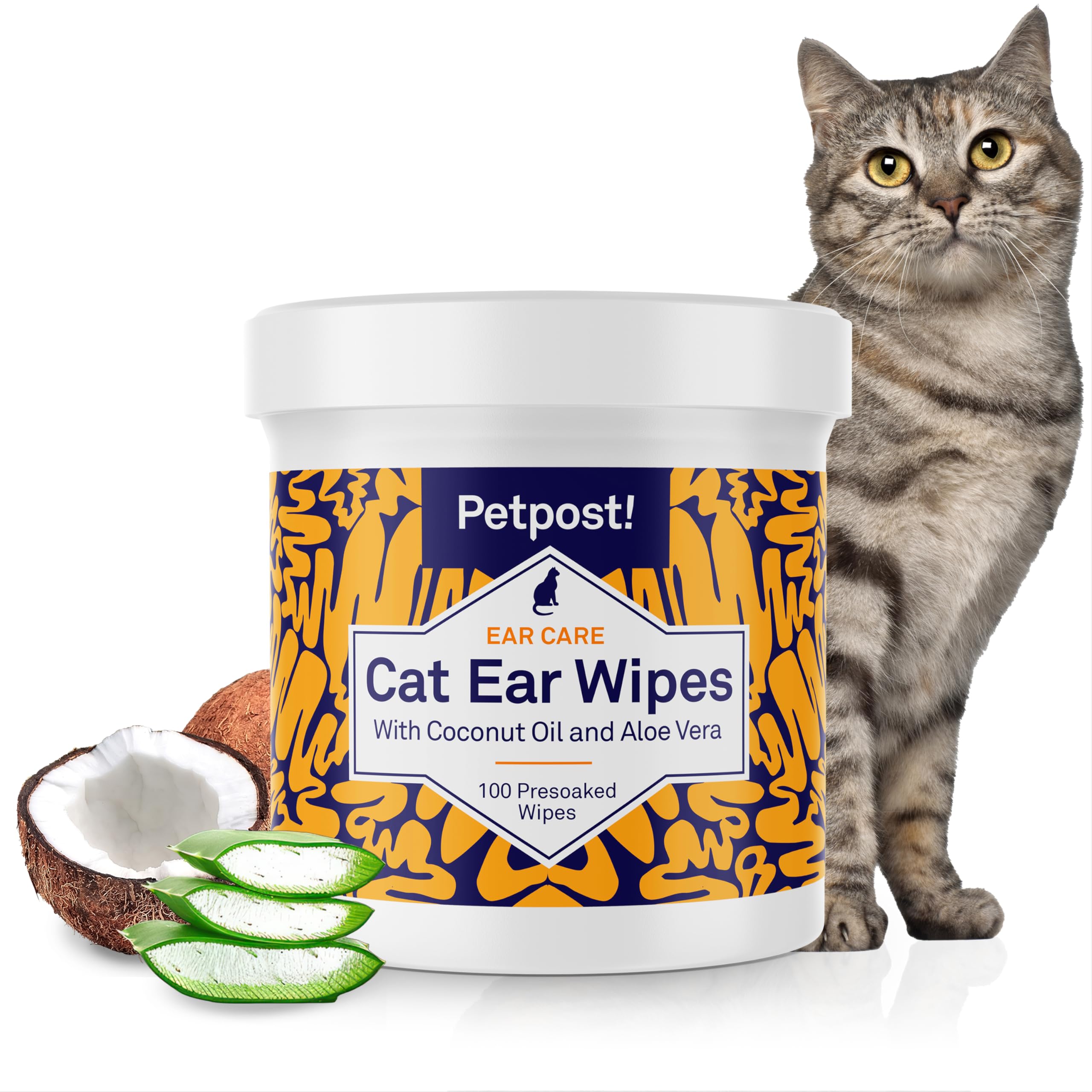 Petpost | Cat Ear Cleaner Wipes - 100 Ultra Soft Cotton Pads in Coconut Oil Solution - Treatment for Cat Ear Mite & Ear Infection Causing Wax