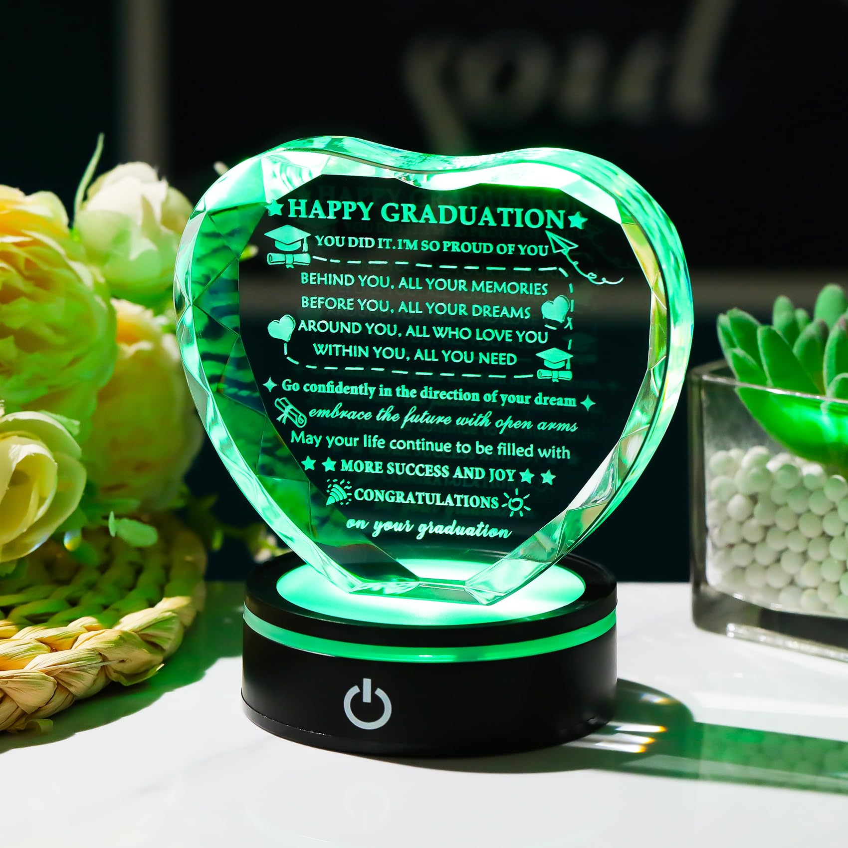 YWHL Geschenk zum Schulabschluss für Sie und Ihn 2024, Glückwunschgeschenk für Damen und Herren, Kristall-Abschluss-Plakette mit bunter LED-Basis, Master-Abschluss-Geschenk