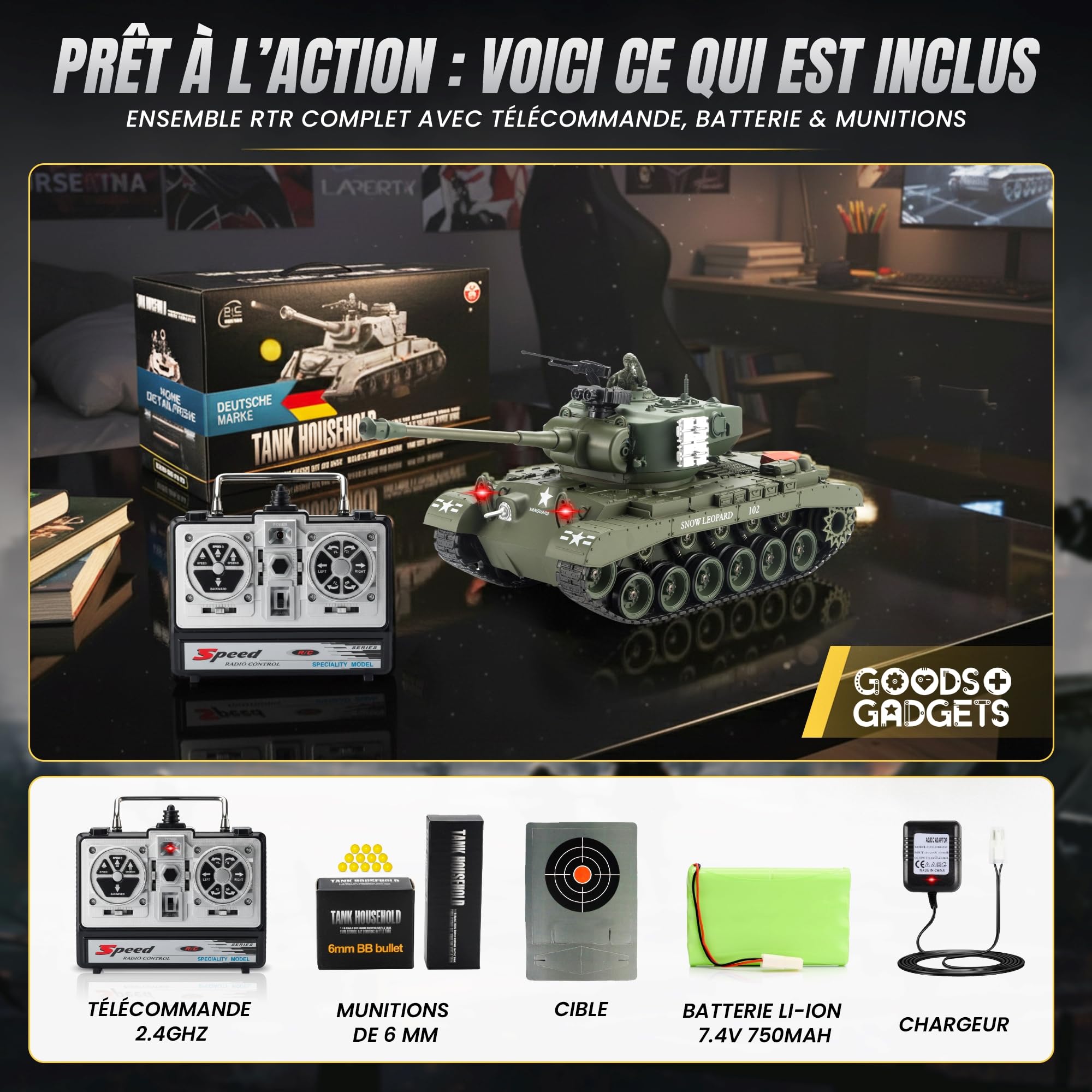 GOODS+GADGETS Modèle réduit de Char d'assaut Allemand Tiger I 2.4GHz à l'échelle 1:16 avec Fonction de tir, Son,Unisexe - RTR (Pershing Snow Leopard)