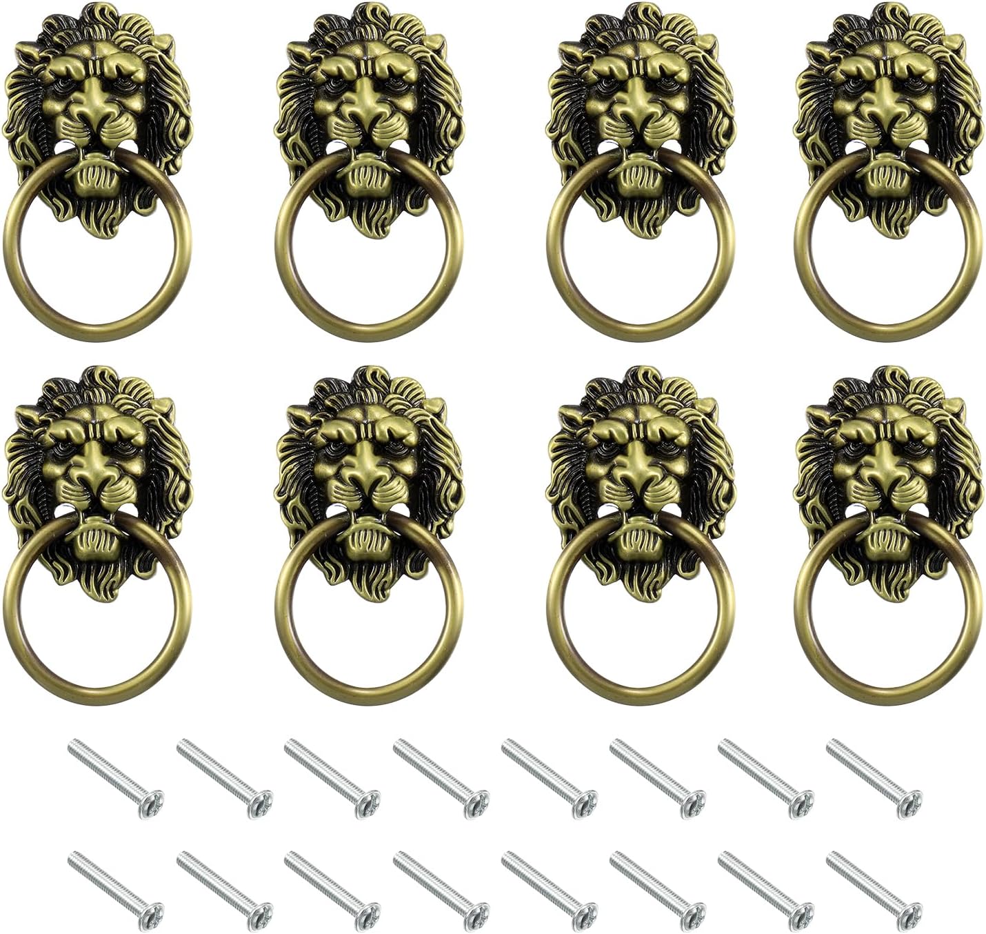 uxcell 8 Pcs Lion Head Pulls Knob, 3.54" x 2" Zinc Alloy Vintage Lion Door Handle Decorative Front Door Knob Ring Pull Handle for Gate Cabinets Drawers, Silver
