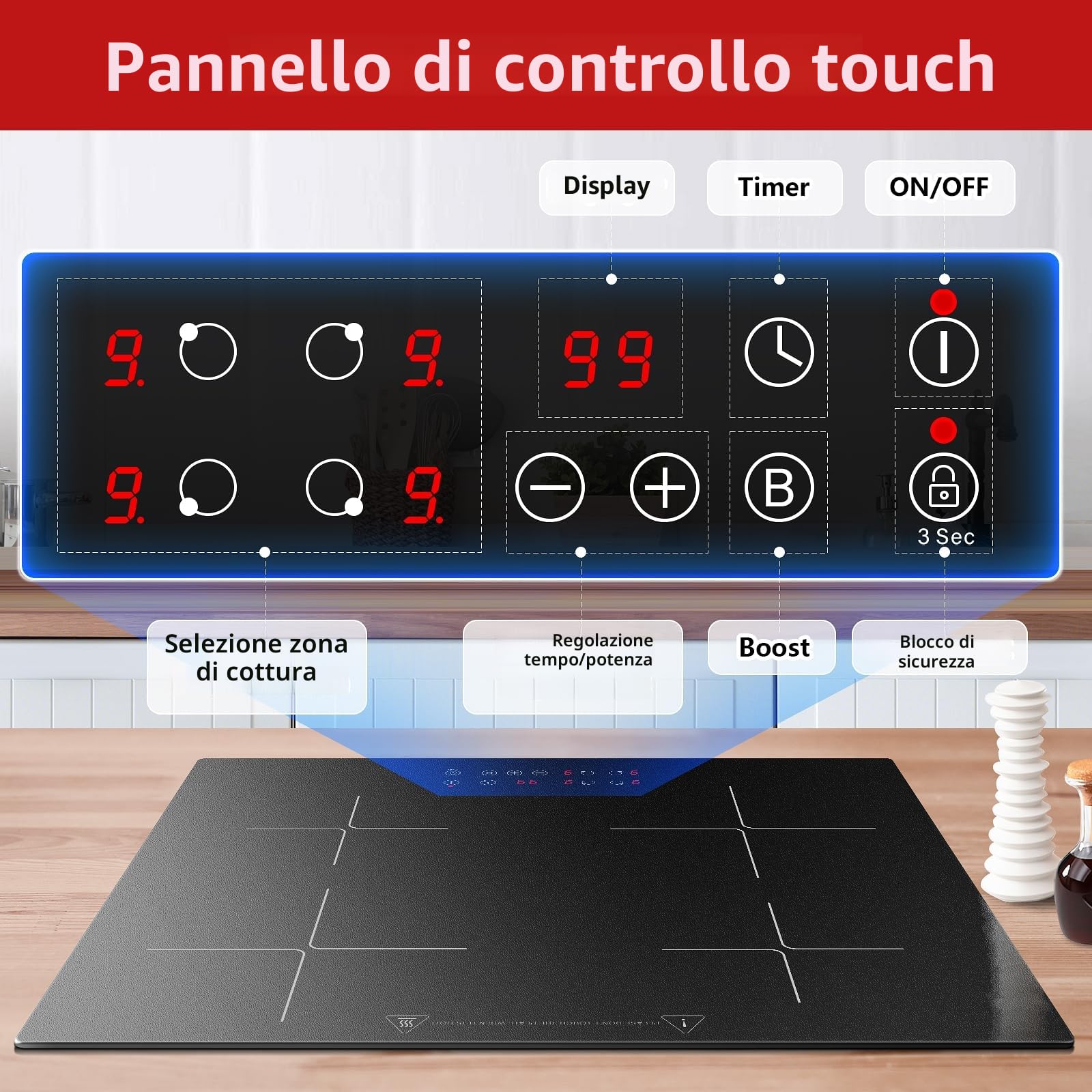 Piano Cottura a Induzione 4 Fuochi, con funzione Booster, Piano Cottura Induzione da incasso 60cm 6000W, 9 Livelli, Controllo Touch, Timer