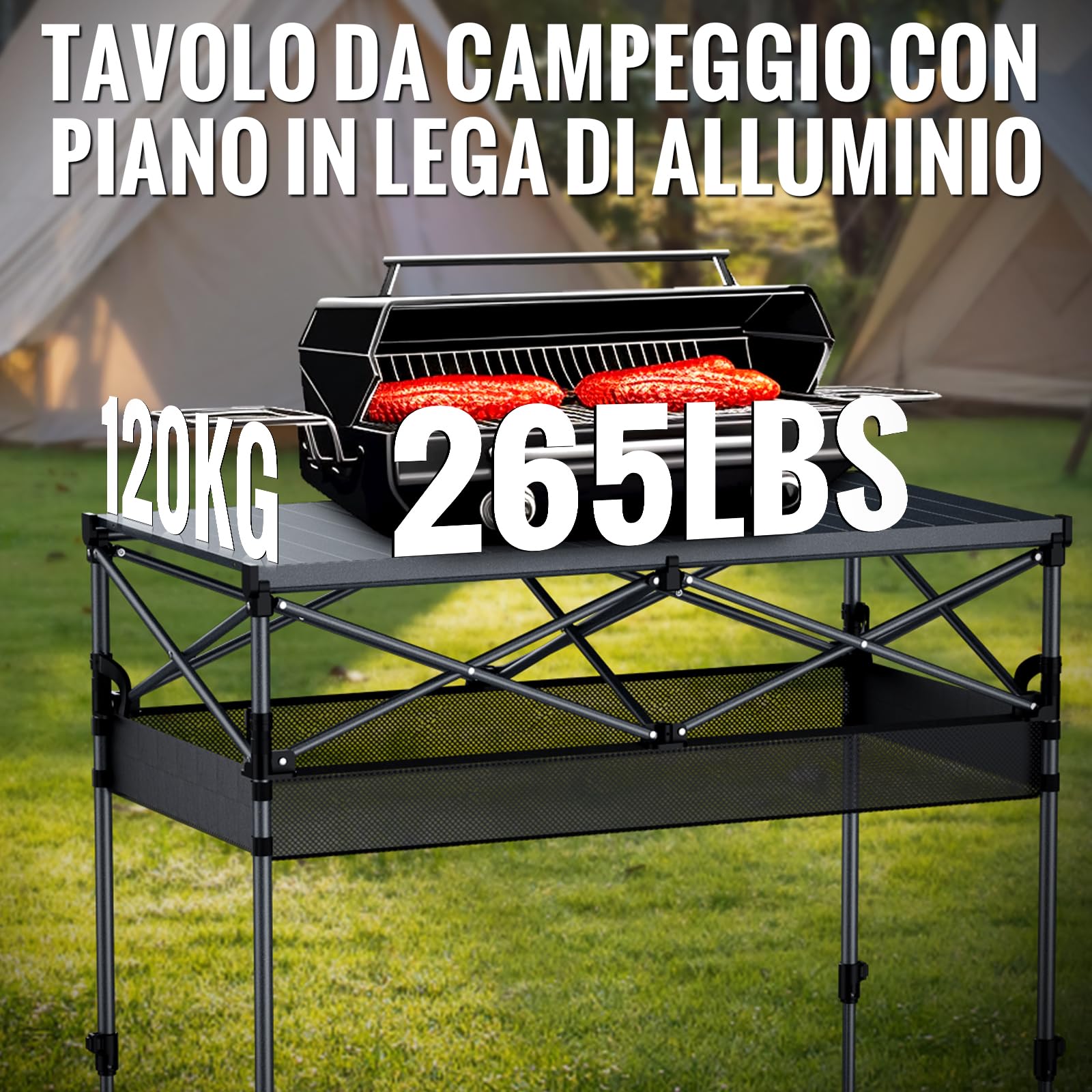 GARLLEN Tavolo da Campeggio Pieghevole,100x50 cm,2 Altezze Regolabili (70/87 cm),Piano del Tavolo Arrotolabile,con Rete di Stoccaggio e Borsa di Organizzazione,per Balcone Giardino Spiaggia