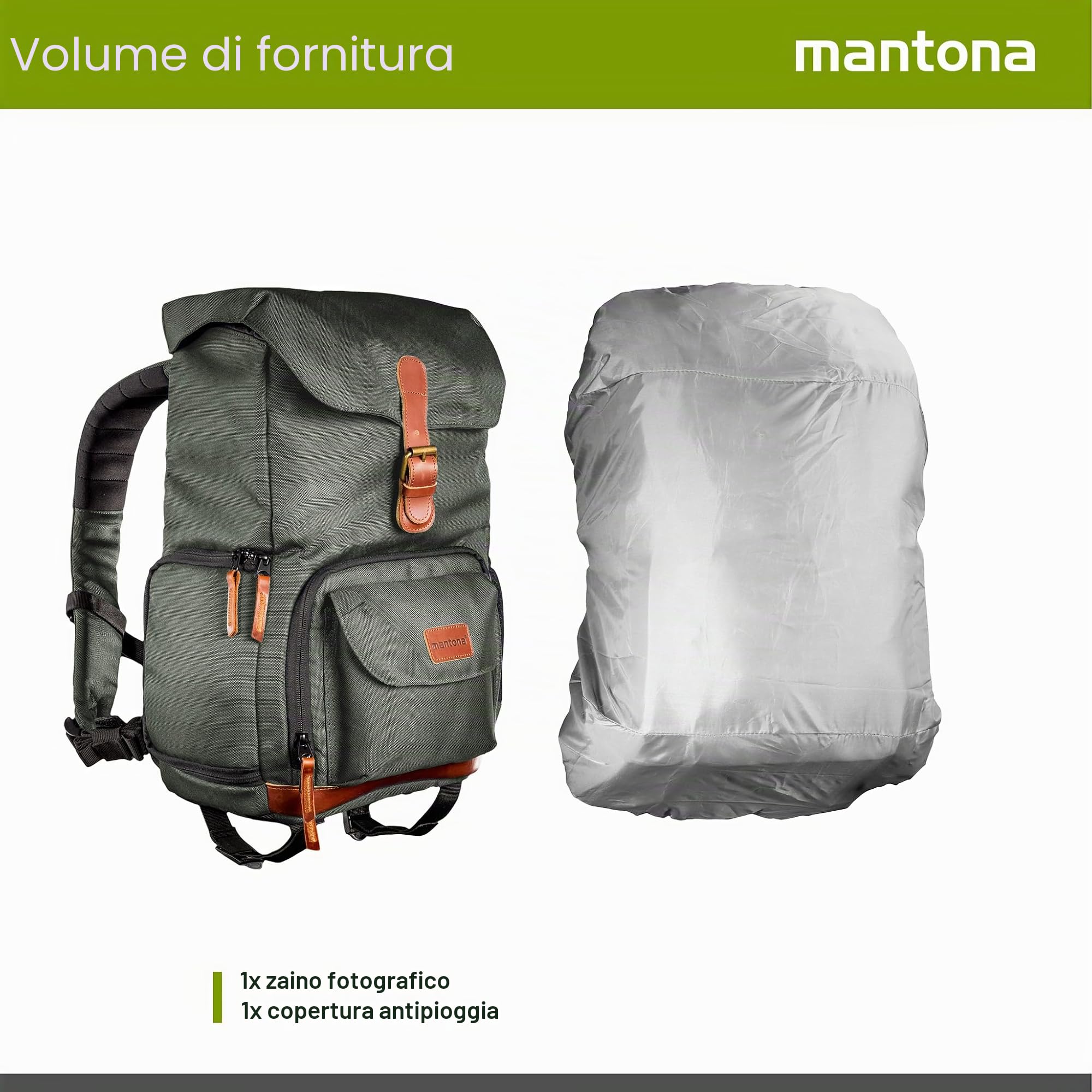 Mantona Luis junior Retrò Zaino fotografico verde con pelle, per fotocamera con protezione antipioggia, Borsa da fotografo con scomparto laptop, per 1 DSLR, 1-2 obiettivi e vari accessori fotografici