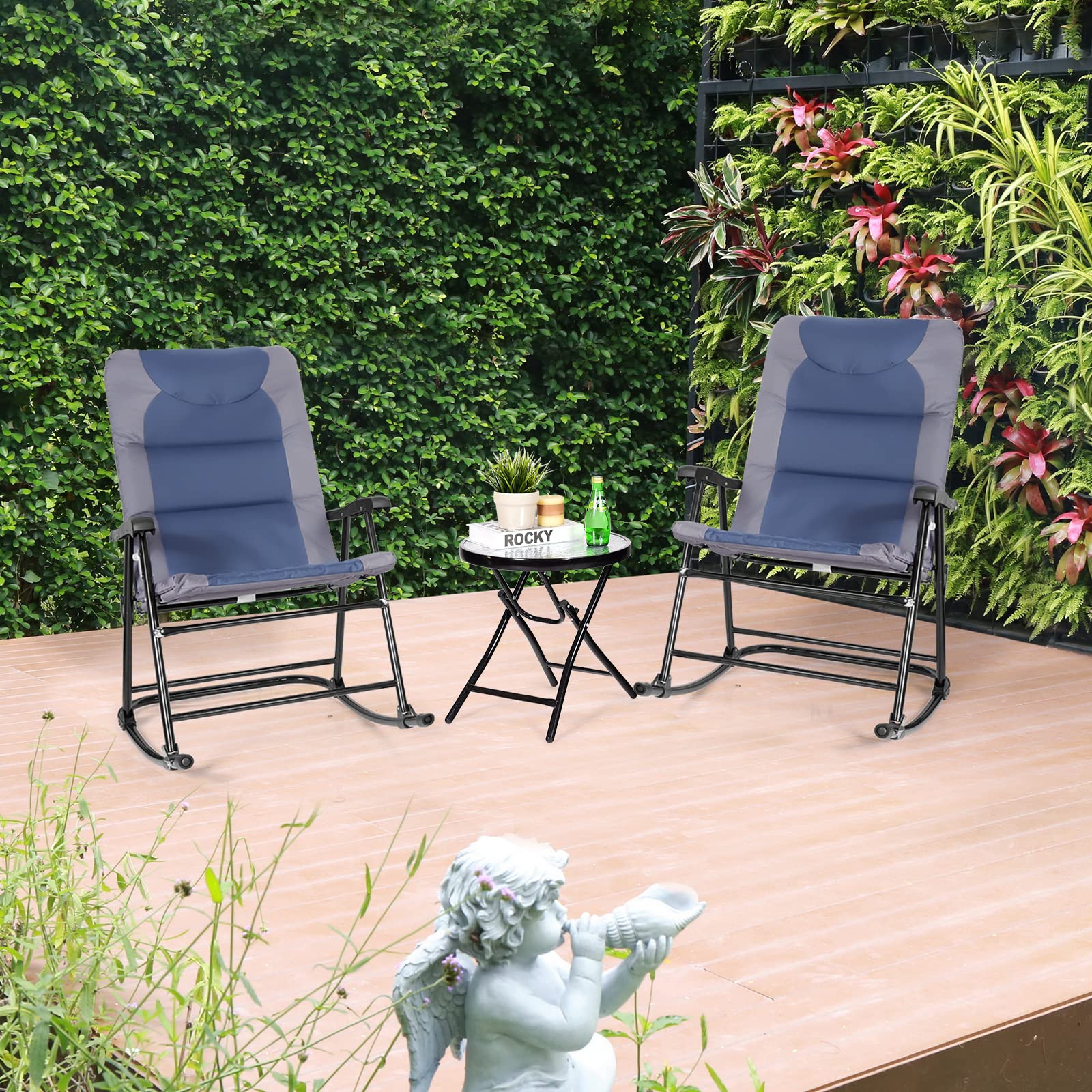 GIANTEX Juego de Mecedora Plegable de Muebles de Balcón, Juego de 3 Piezas con 1 Mesa de Café y 2 Mecedoras, Set de Bistró para Jardín, Tumbona Exterior (Azul)
