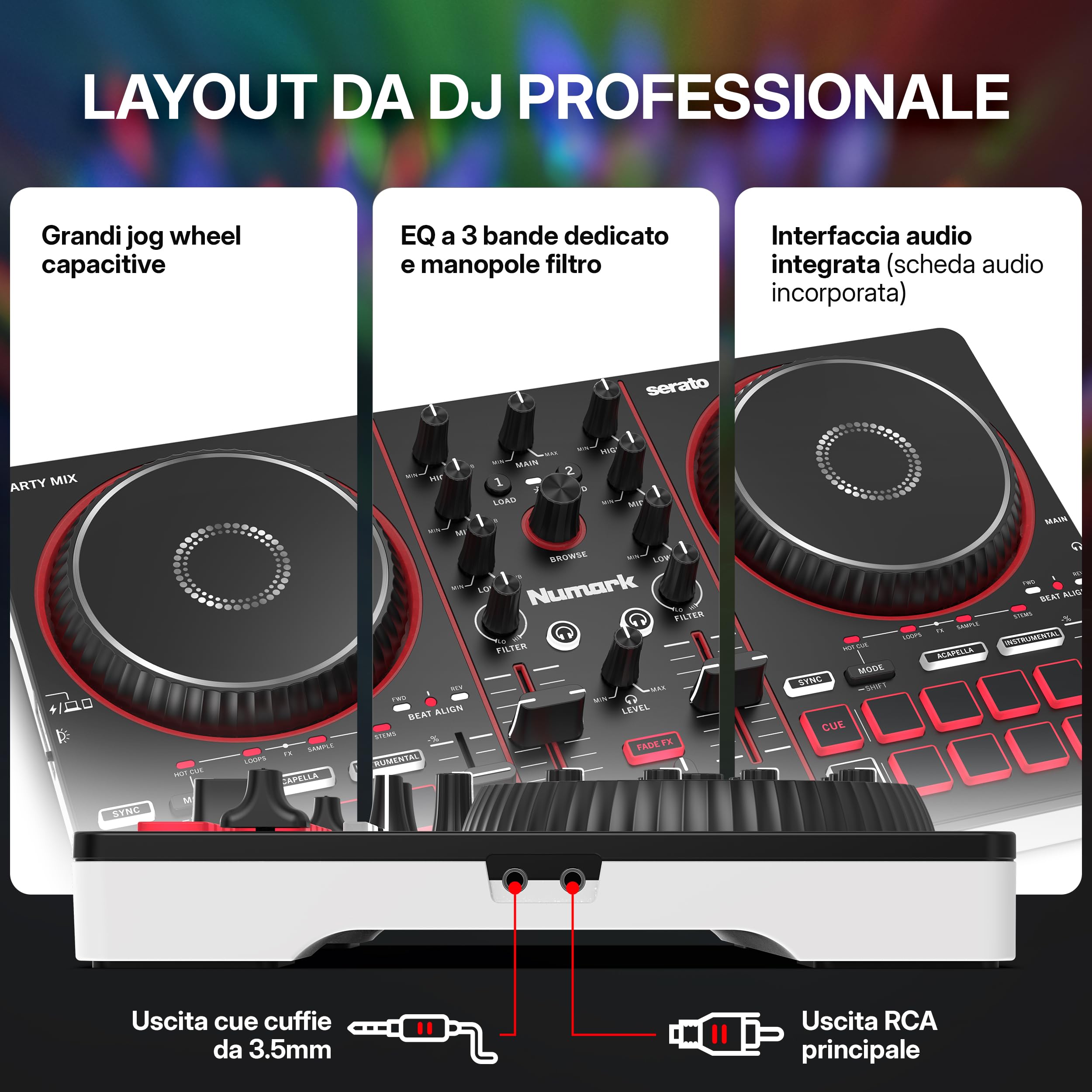 Numark Party Mix III Controller DJ Bluetooth con Luci Integrate | Beat Assist, Smart Fader, 16 pad, mixer DJ 2 deck, controllo Stems, USB-C, Serato DJ Lite e Algoriddim djay inclusi