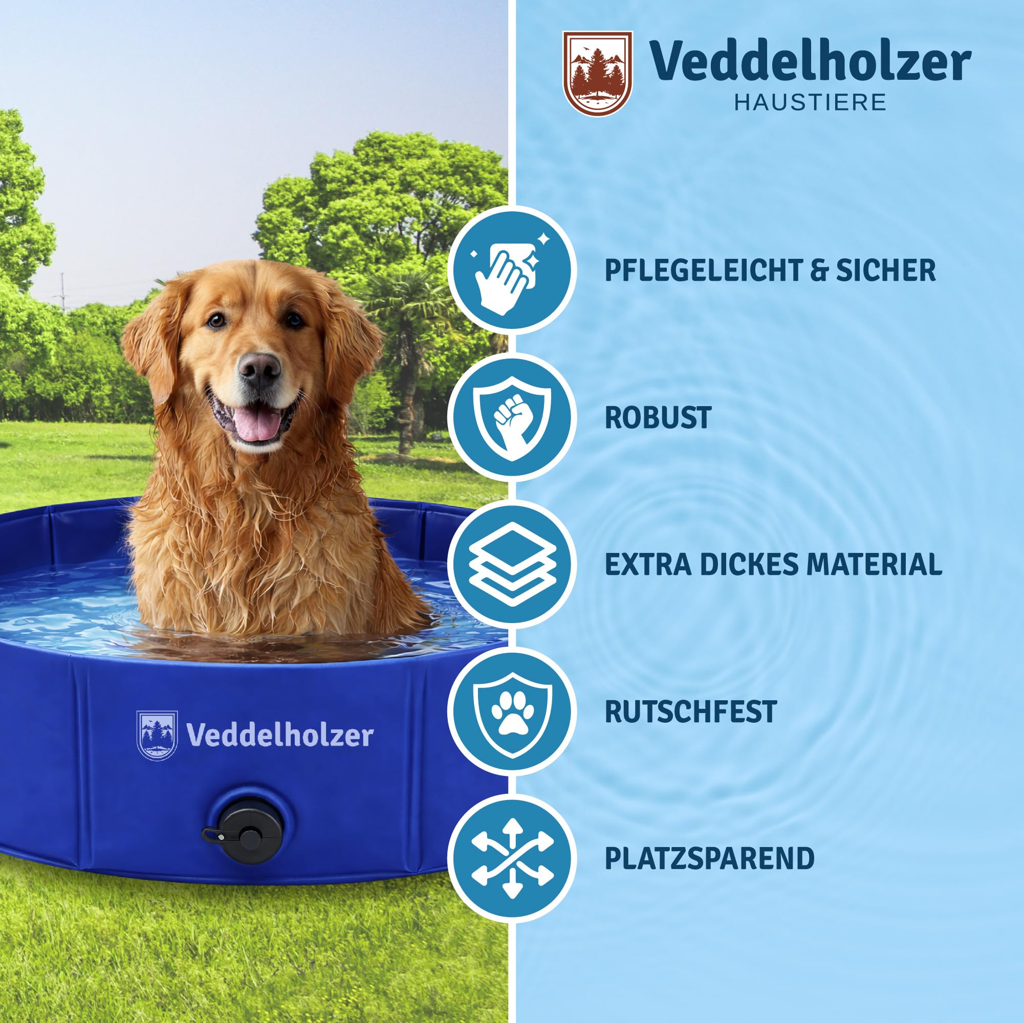 Veddelholzer Faltbarer Hundepool (M) 80 x 20 cm rutschfest – Robuster Hunde Swimmingpool platzsparend & stabil, ideal für Garten & Balkon, schneller Aufbau ohne Aufpumpen, für kleine & große Hunde