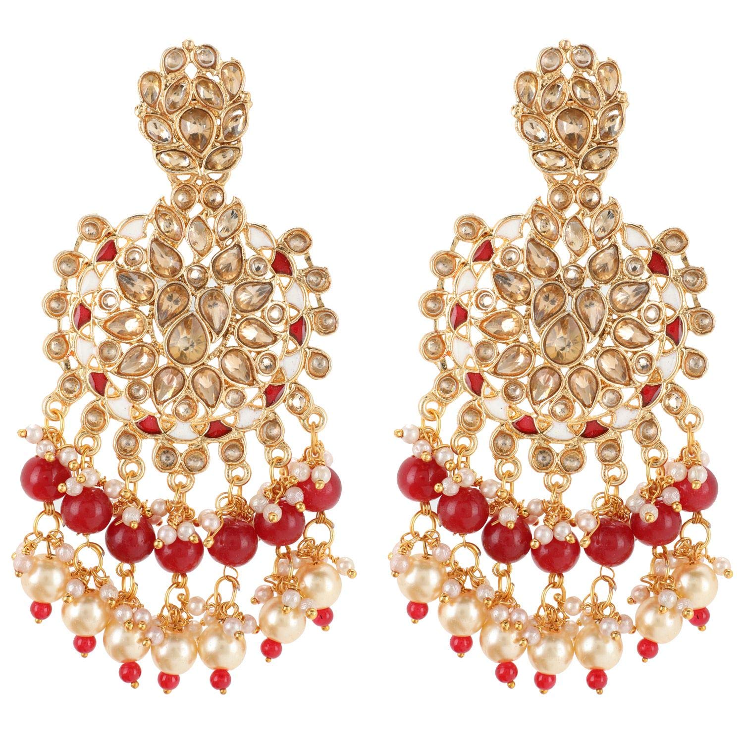 EfulgenzKundan Earrings for Women - Indian Style Faux Pearl Crystal Rhinestone Chandelier Long Earrings - Bollywood Wedding Bridal Jewelry Set