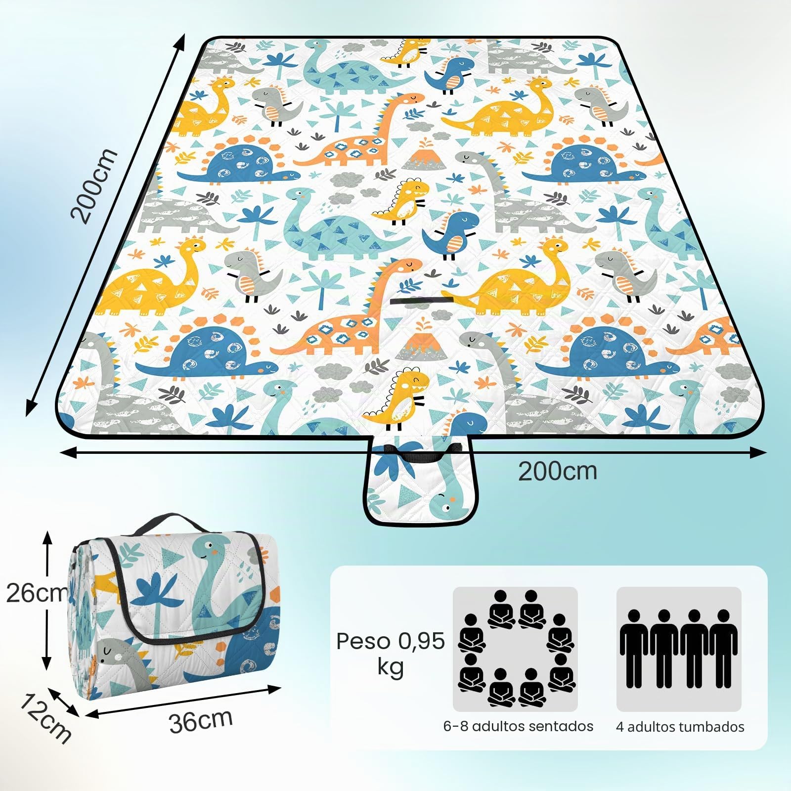 Manta de picnic extragrande lavable de 3 capas, impermeable, plegable, 79 x 79', para exteriores, portátil, compacta, para camping, playa, viajes, a prueba de arena (dinosaurio) (ZQ0036)