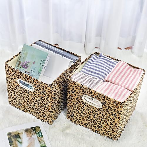 Miniatura 5 de ANMINY 2 cubos de almacenamiento de tela de terciopelo con estampado de leopardo y guepardo para estantes, canastas de almacenamiento plegables y