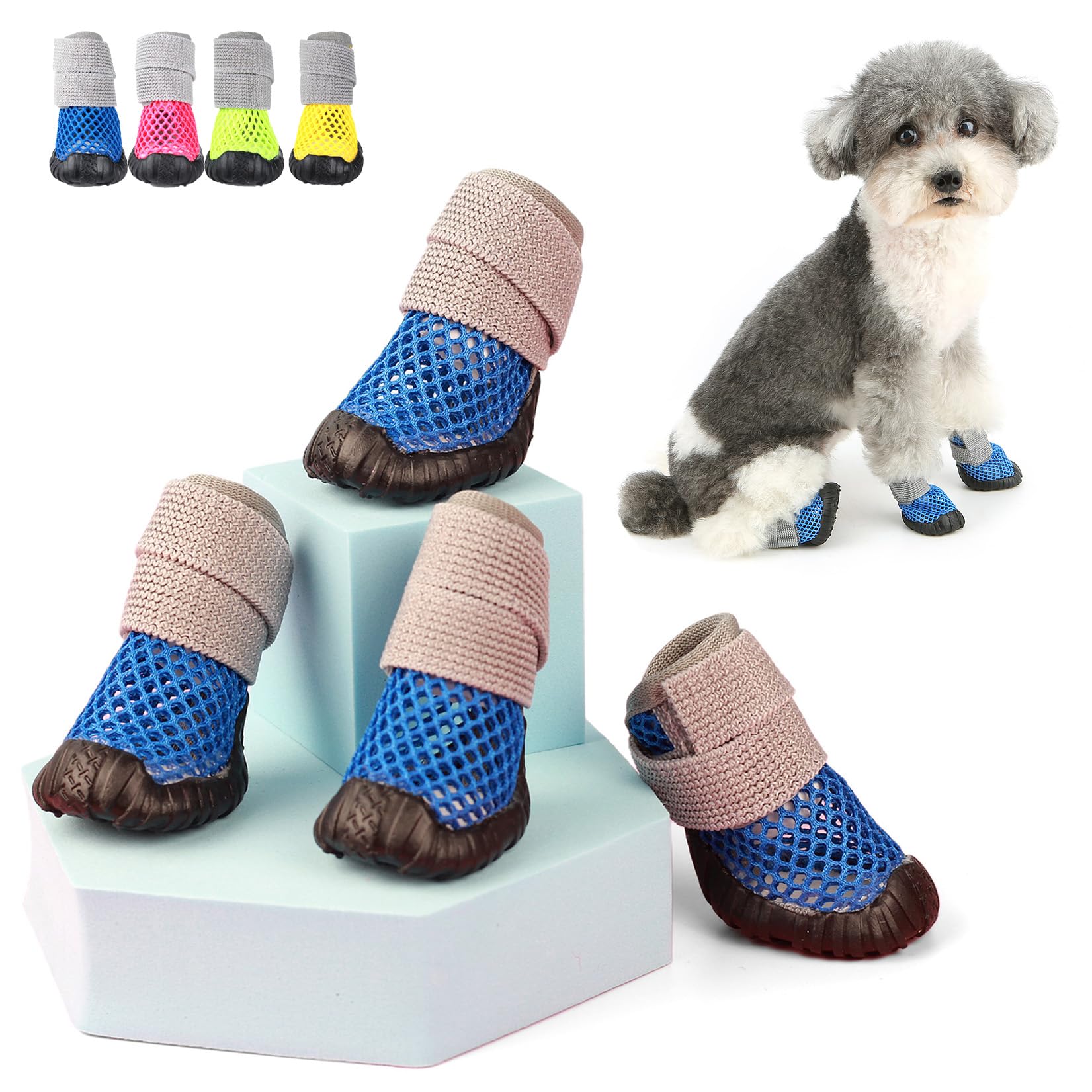 Zunea Dog Shoes for Small Dogs Breathable Mesh Summer Puppy Boots for for Hot Pavement Anti-Slip Sole Adjustable Paw Protectors Hot Weather Pet Chihuahua Booties for Outdoor Walking Blue 5#