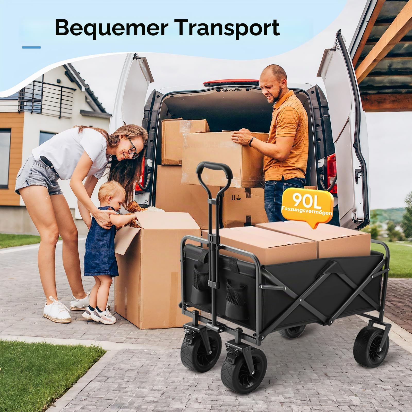Bollerwagen faltbar Handwagen mit Getränkehalter 100L 100KG Transportwagen Gartenwagen Strandwagen für Alle Gelände Draussen Einkaufen für Geländetauglich mit Bremsen