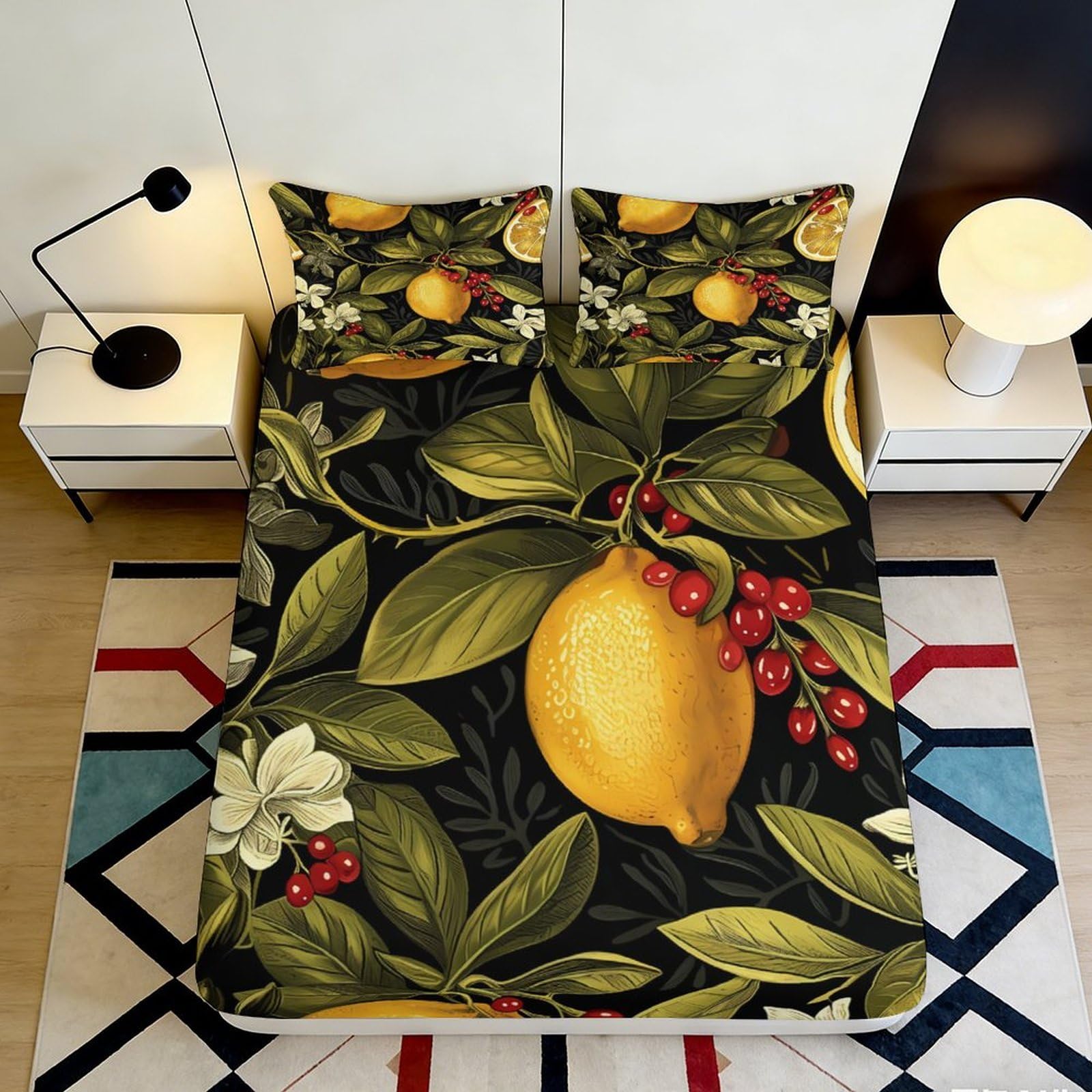 3D Printed Lemon Botanical Fitted Sheet Microfiber Soft Breathable Vintage Fruit Bed Cover for Bedroom Guest Room 90x200x25cm