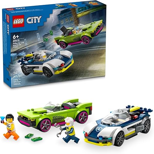 LEGO Coche de policía de la ciudad y persecución de autos musculares, juguete de vehículo de emergencia para niños y niñas, regalo divertido para
