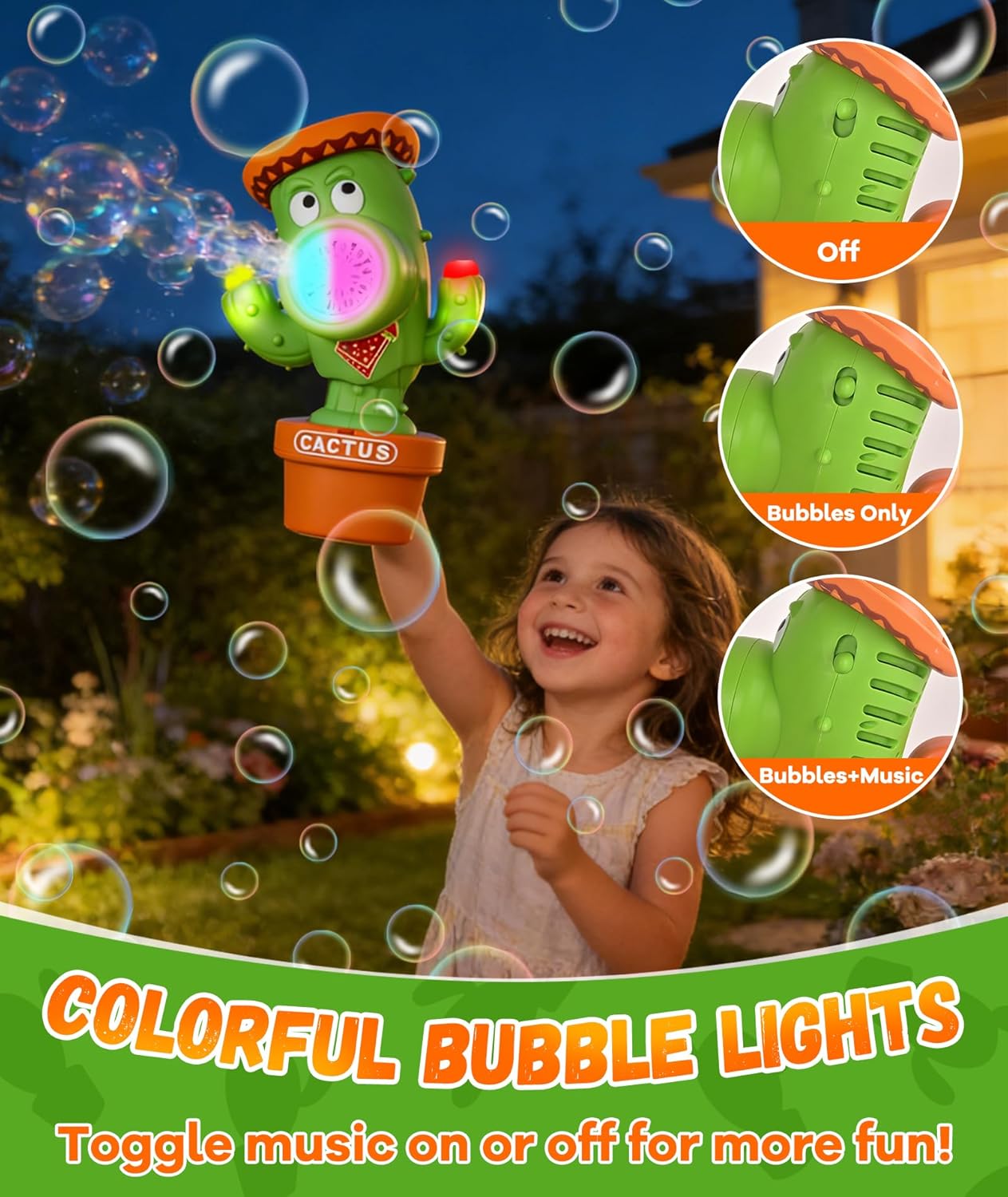 Bubble Machine for Kids, Rechargeable Cactus Bubble Maker with Lights & Music, Dancing Bubble Machine Toy with Bubble Solution Included, Outdoor Summer Toys for Kids, Birthday Party & Gift