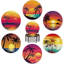 Drink Coasters Set of 6 with Holder,Beach Palm Trees Sunset Landscape Absorbent Ceramic Coasters with Cork Base,Fit All Cups,Tabletop Protection Mat for Mugs and Cups,Office,Kitchen