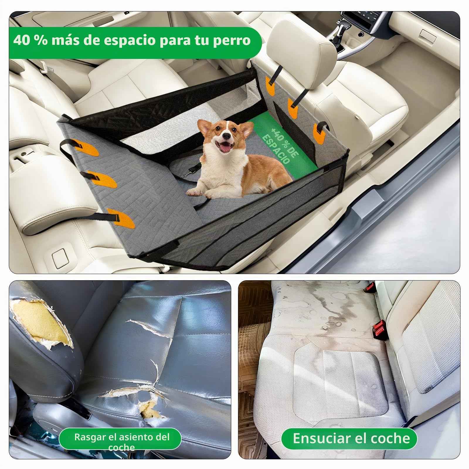 LIROPAU Asiento de coche extra estable para perros de tamaño mediano y grande, resistente a los arañazos con 3 correas de sujeción