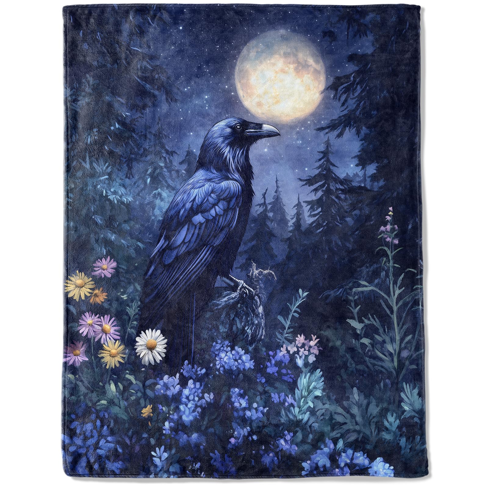ainori Raven and Moonlit Forest Flannel Blanket - Lightweight Soft Cozy Gifts Blankets for Gothic Lovers, Men,Women,Goth Mystical Night Style Throw,