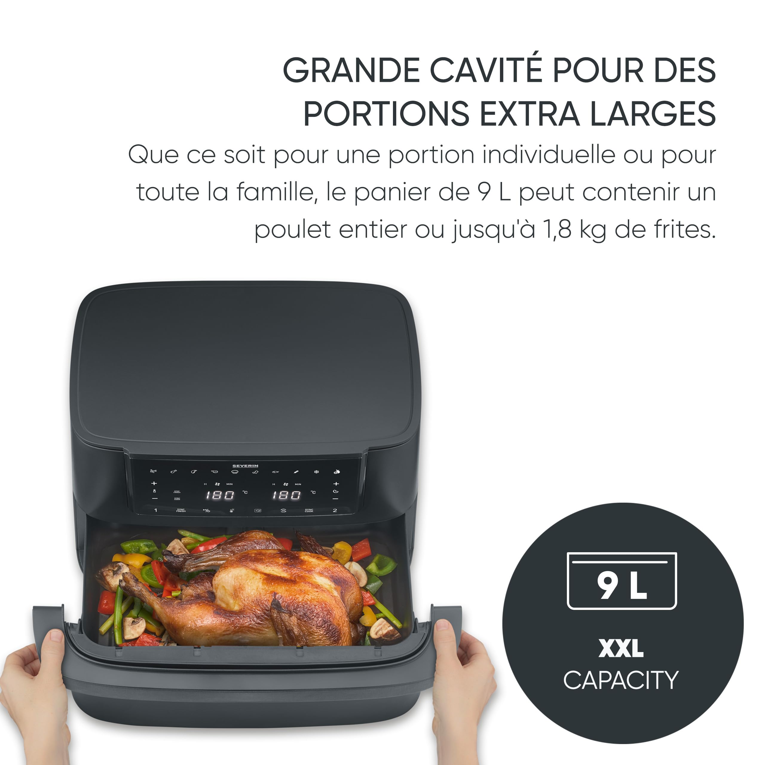 SEVERIN Friteuse à air chaud « Max Zone Flex », Friteuse sans huile avec technologie à air chaud, Air fryer à panier modulable de 9 L, Multicuiseur avec 10 programmes, Noir, FR 9599