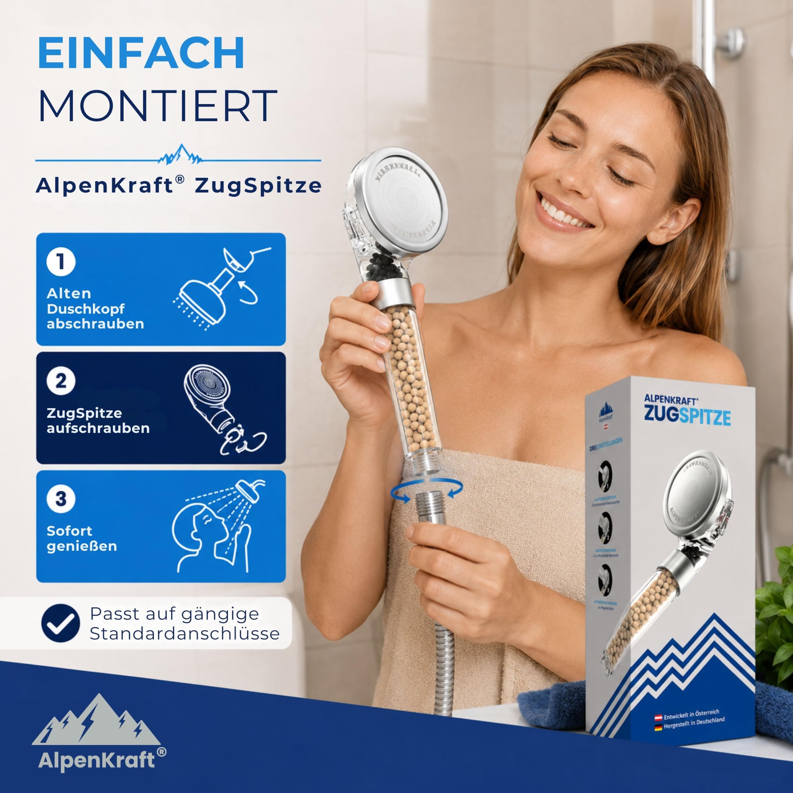 Zugspitze Duschkopf Original Made in Germany - Duschkopf wassersparend und druckerhöhend - Hochdruckduschkopf mit Aktivkohle und Zeolith Filterperlen