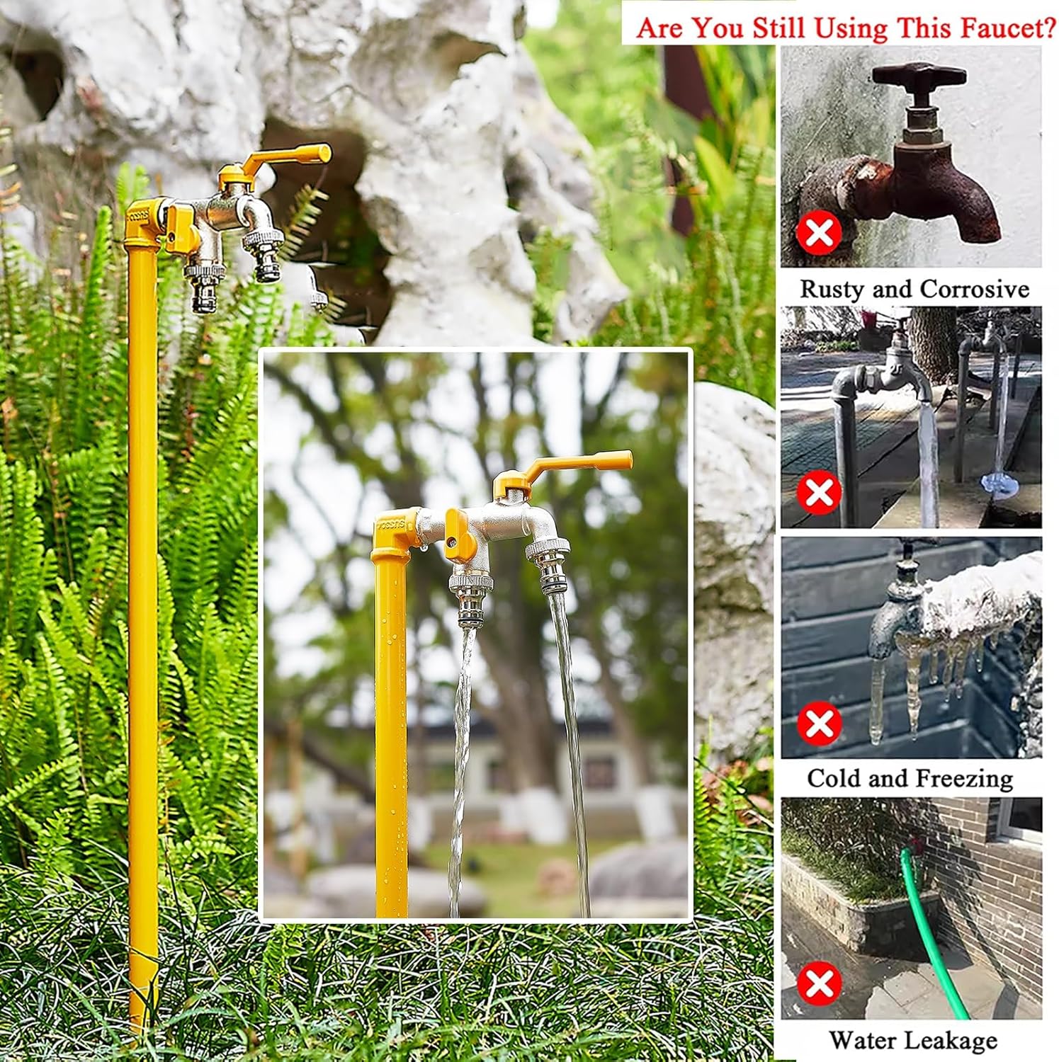Outdoor Faucet Vertical Garden Water Column, Outdoor Anti-Freeze Crack Water Pipe Vertical Water Hydrant, Yellow Stainless Steel Floor Mount Water Tap(2x40cm/0.8x16in)
