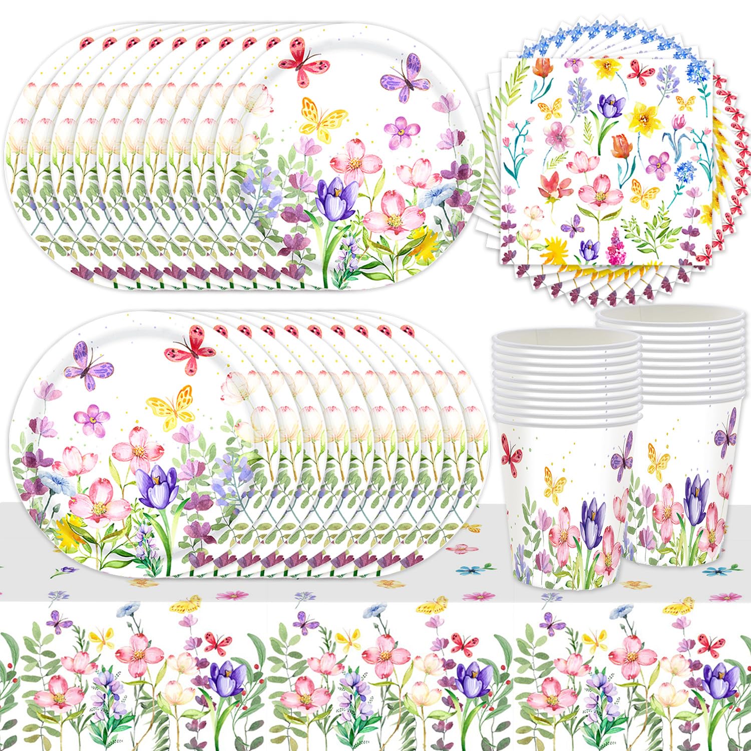 61Pcs Spring Summer Theme Party Tableware Set, Wildflowers, Flowers, Floral Butterflies Decorations, Flower Party Supplies, Includes Tablecloths Plates Paper Cups Napkins (20 Guests)