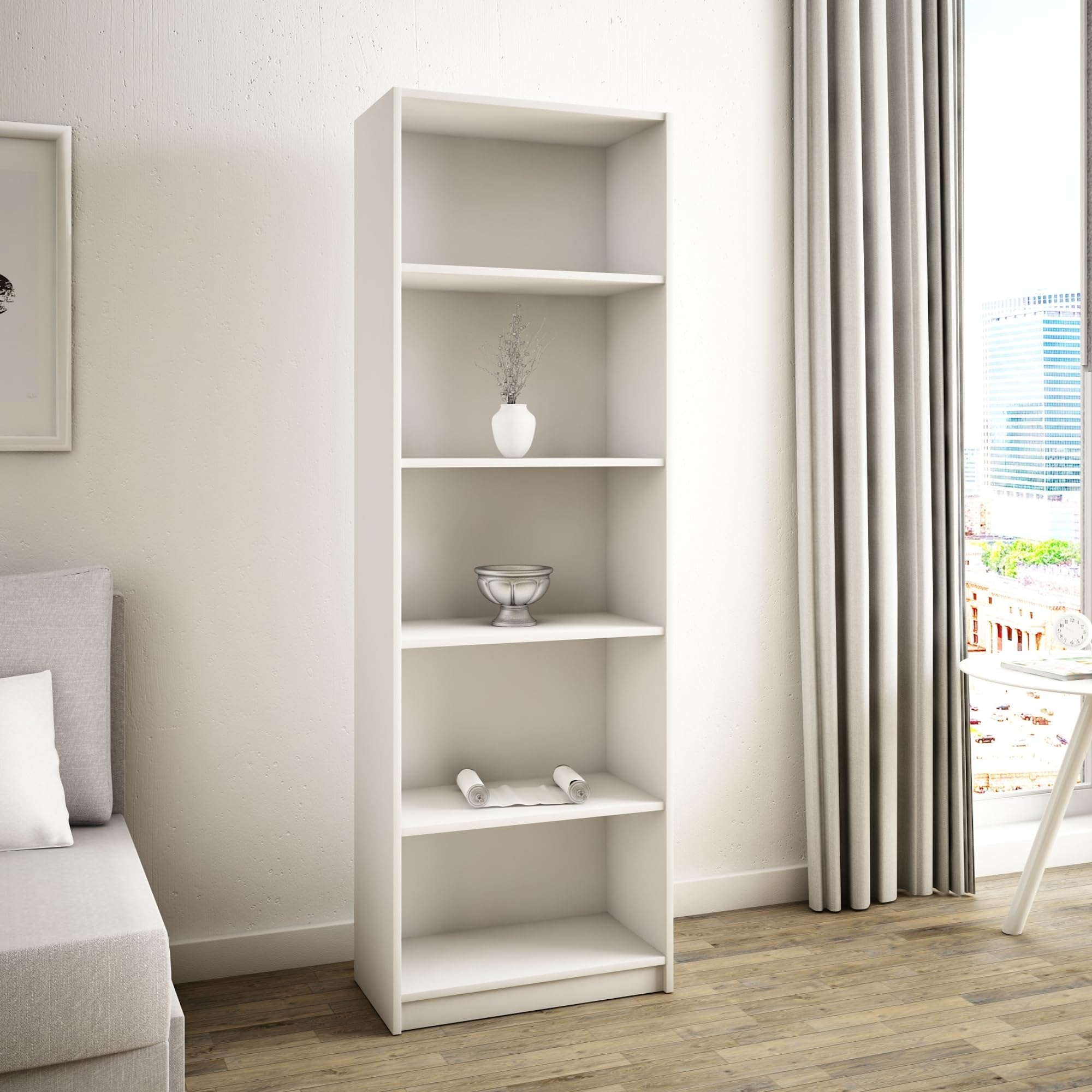 Bibliothèque à 5 niveaux, étagère en finition mate, largeur 58 cm, étagère sur pied avec 4 étagères, idéale pour chambre, salon, couloir, panneau stratifié résistant, épaisseur 16 mm blanc
