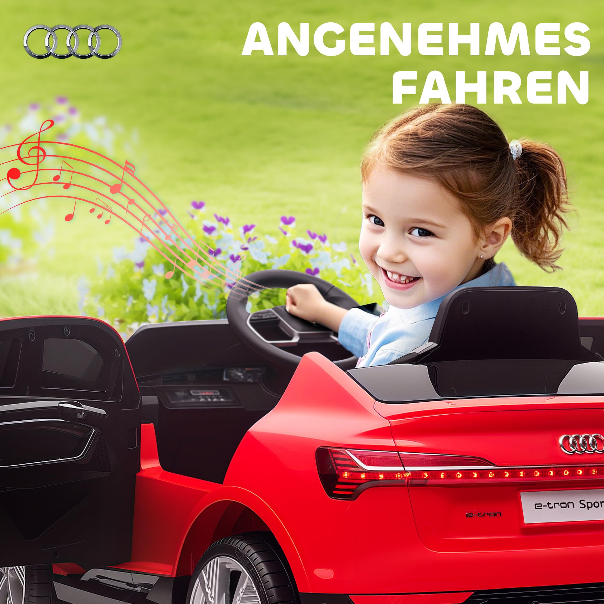 HOMCOM Elektro Kinderauto 12V Audi E-tron Elektrofahrzeug mit Fernbedienung, Sicherheitsgurt und Musikfunktion (MP3/USB/TF), Kinderfahrzeug für 3-5 Jahre, 3-5 km/h, Rot