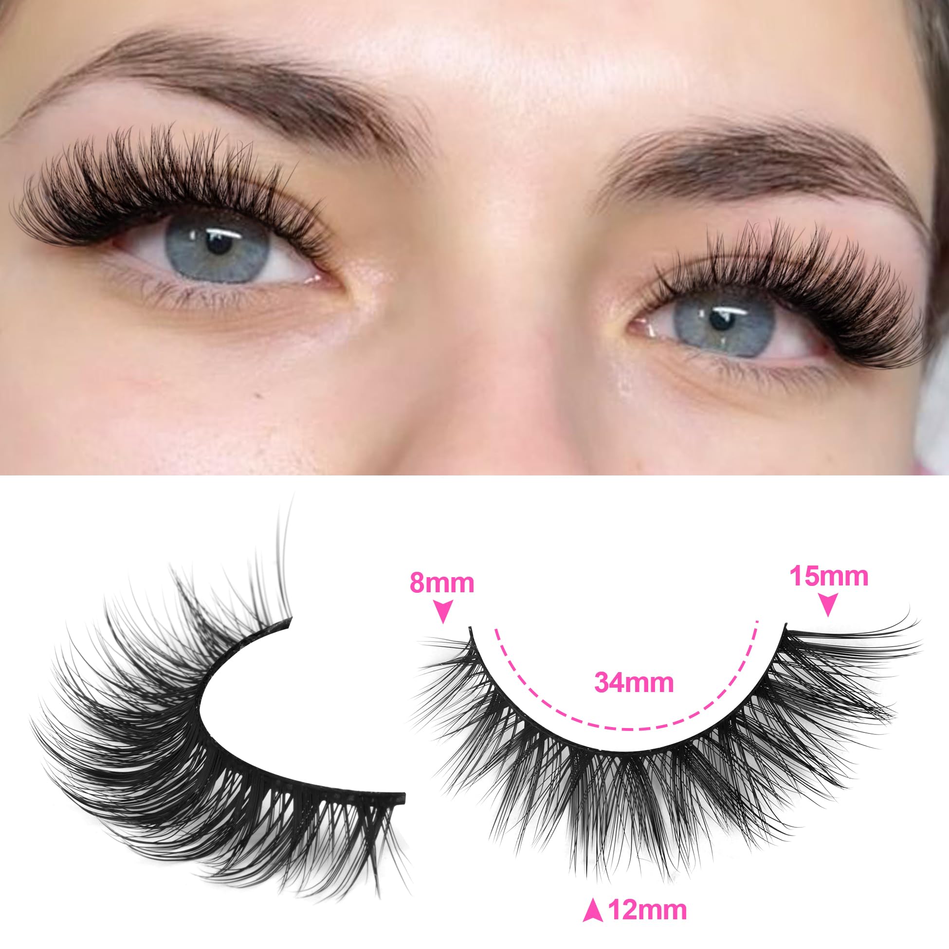 Wispy Lashes - Pestañas postizas de aspecto natural con pegamento de pestañas, kit de pestañas de ojo de gato, extensión de pestañas con pegamento de pestañas, paquete de pestañas cortas de visón, 7