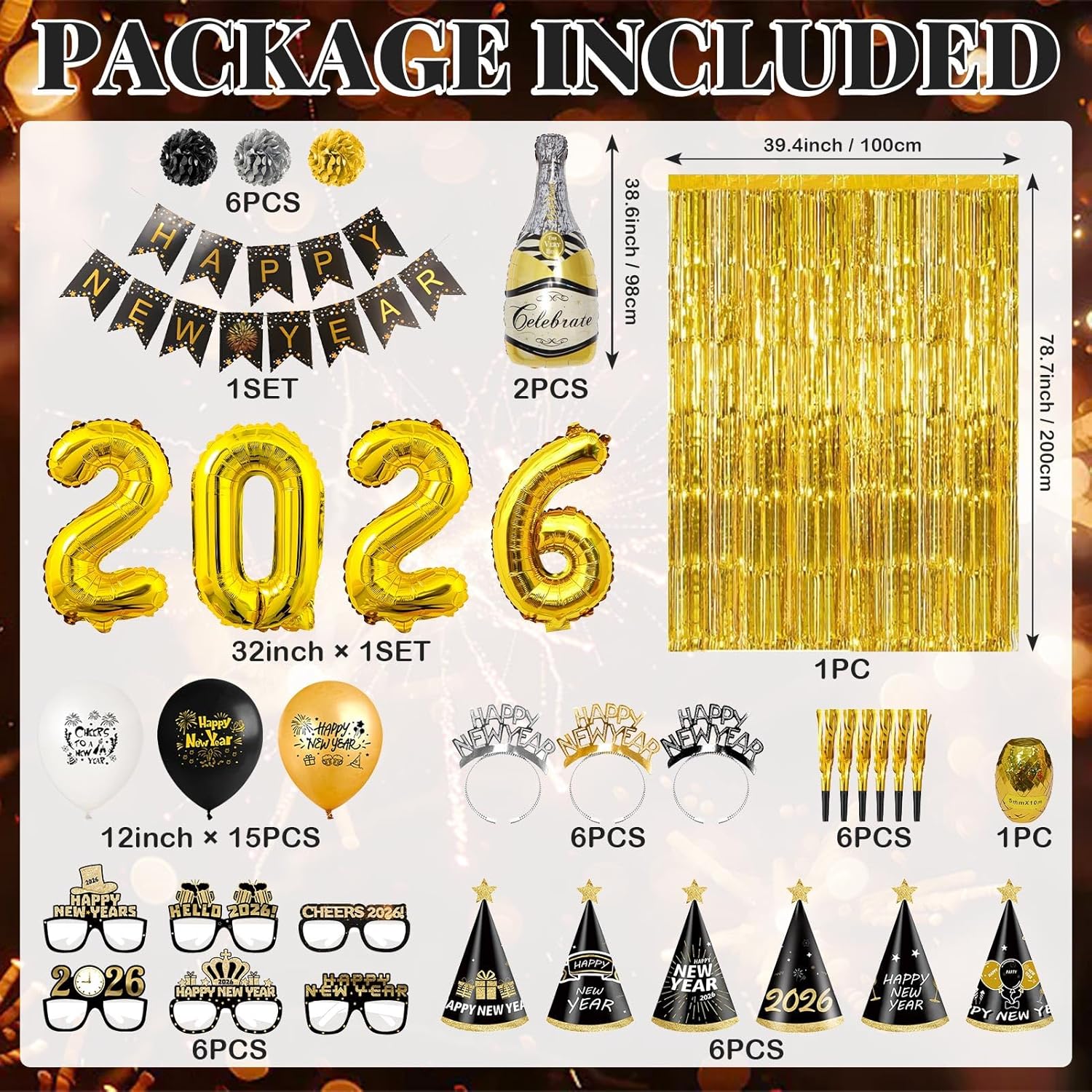 Happy New Year Party Decorations Supplies 2026- Hats, Banner, Glasses, Foil Balloon and Fringe Curtains, New Years Eve Black and Gold Party Decorations - Image 2