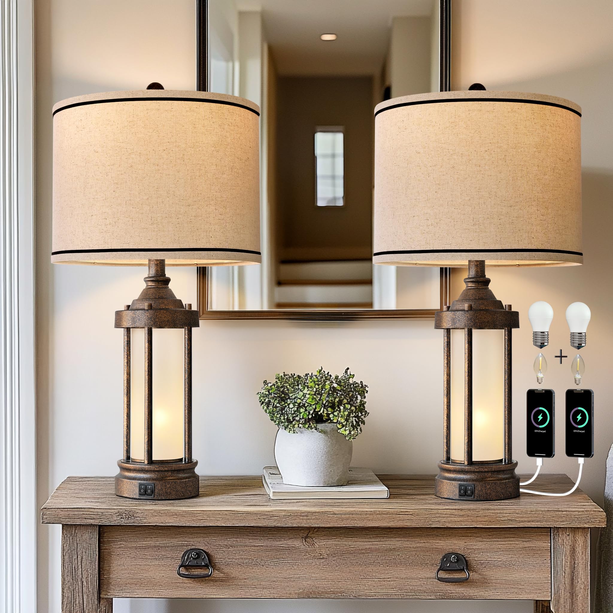 Table Lamps Set of 2 for Living Room Bedroom Farmhouse Metal Lamps with 2 USB Ports, Built-In Frosted Glass Night Light Vintage Industrial Nightstand Bedside Lamp, 4 Bulbs Included, Bronze