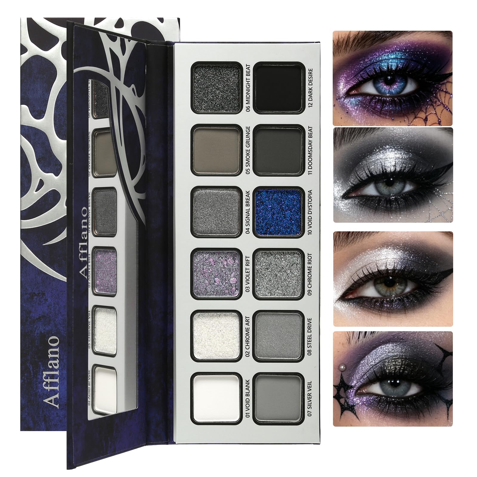 Goth Smokey Eyeshadow Palette, Black Grey Silver Matte Glitter Eye Shadow