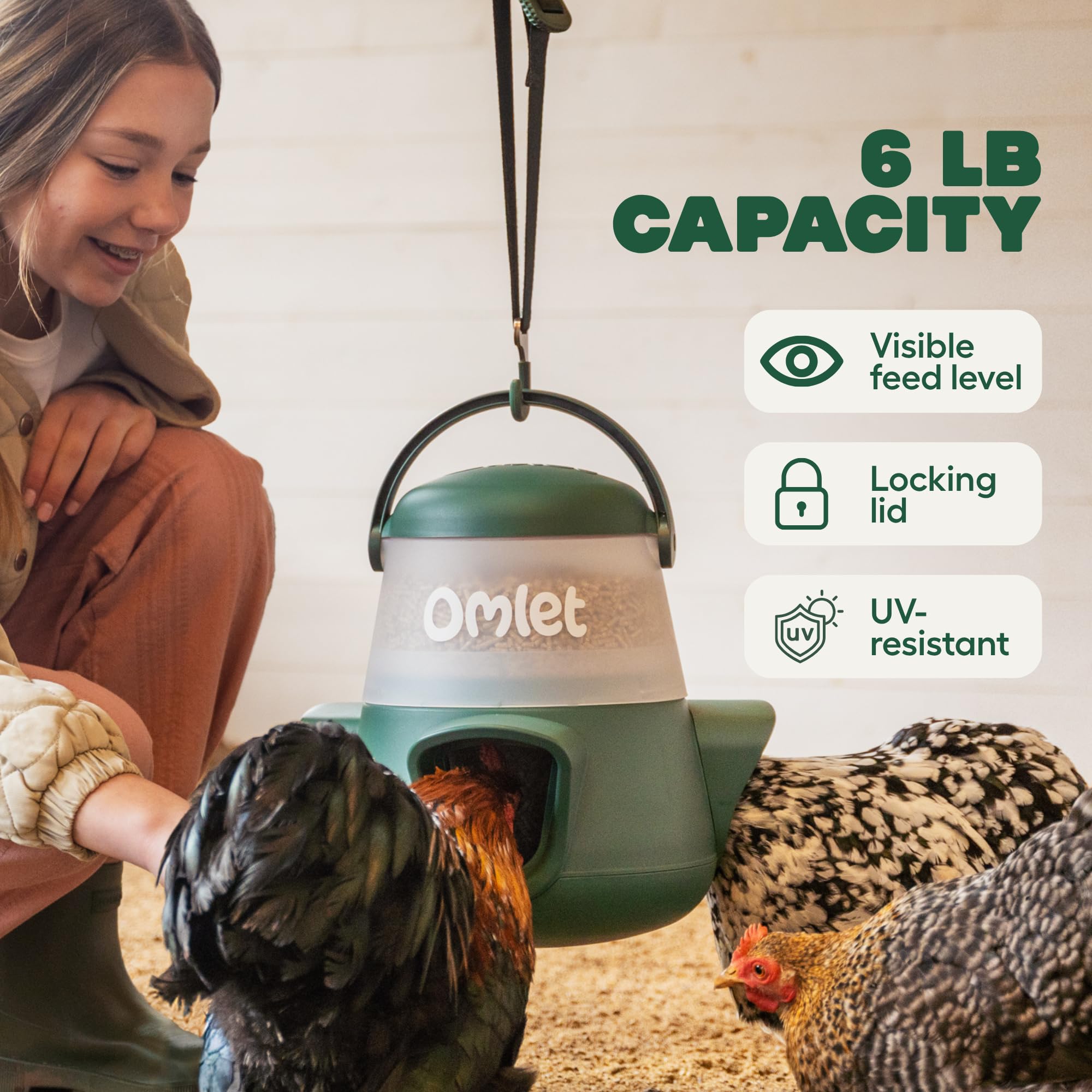 Omlet Comedero de pollo sin residuos para gallinero, comedero antiderrame para aves de corral con 3 puertos de alimentación, colgante o de pie, resistente a la intemperie, 2,5 kg