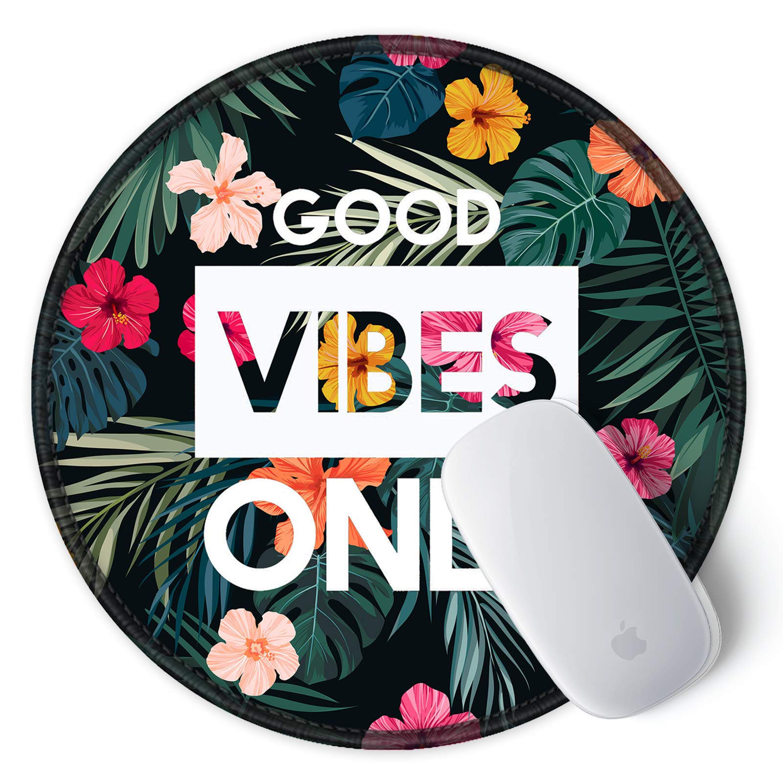 ITNRSIIET Tapis de Souris Rond, Mouse Pad pour Ordinateur PC Bureau Portable, Étanche Surface Lisse, Base Antidérapante en Caoutchouc, avec Bord Cousu, Fleur Good Vibes Seulement - 2