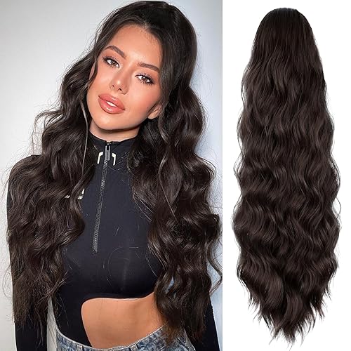 FREEMEIGE Extensión de cola de caballo, 26 pulgadas de largo, ondulado, con cordón, para mujer, color marrón oscuro, cola de caballo, extensión de